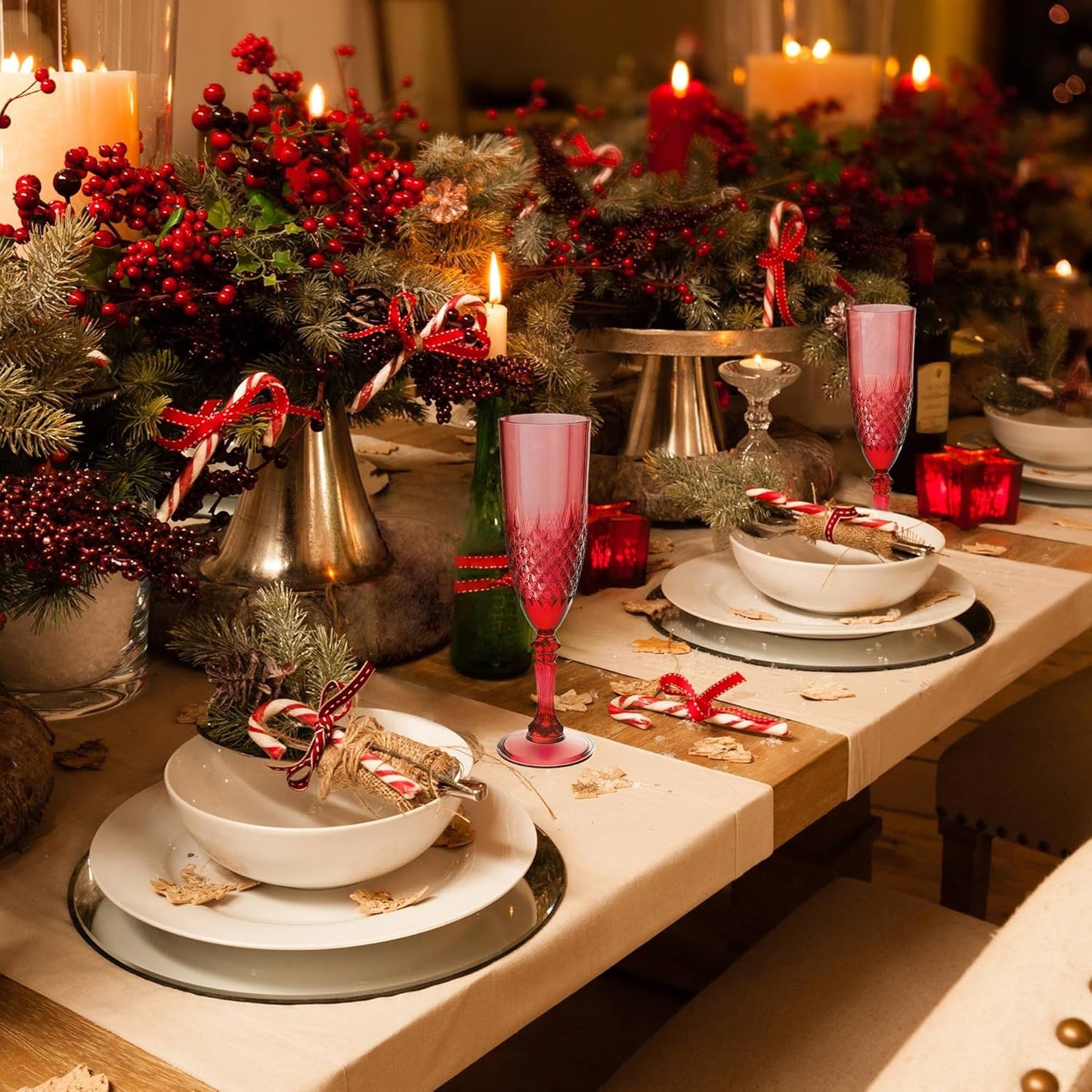 Plastic Champagne Flutes, 12PCS Dark Red Wine Glasses Goblets Cups Reusable Flute, for Christmas Weddings Bachelor Parties Toasting and Events(12, Dark Red)