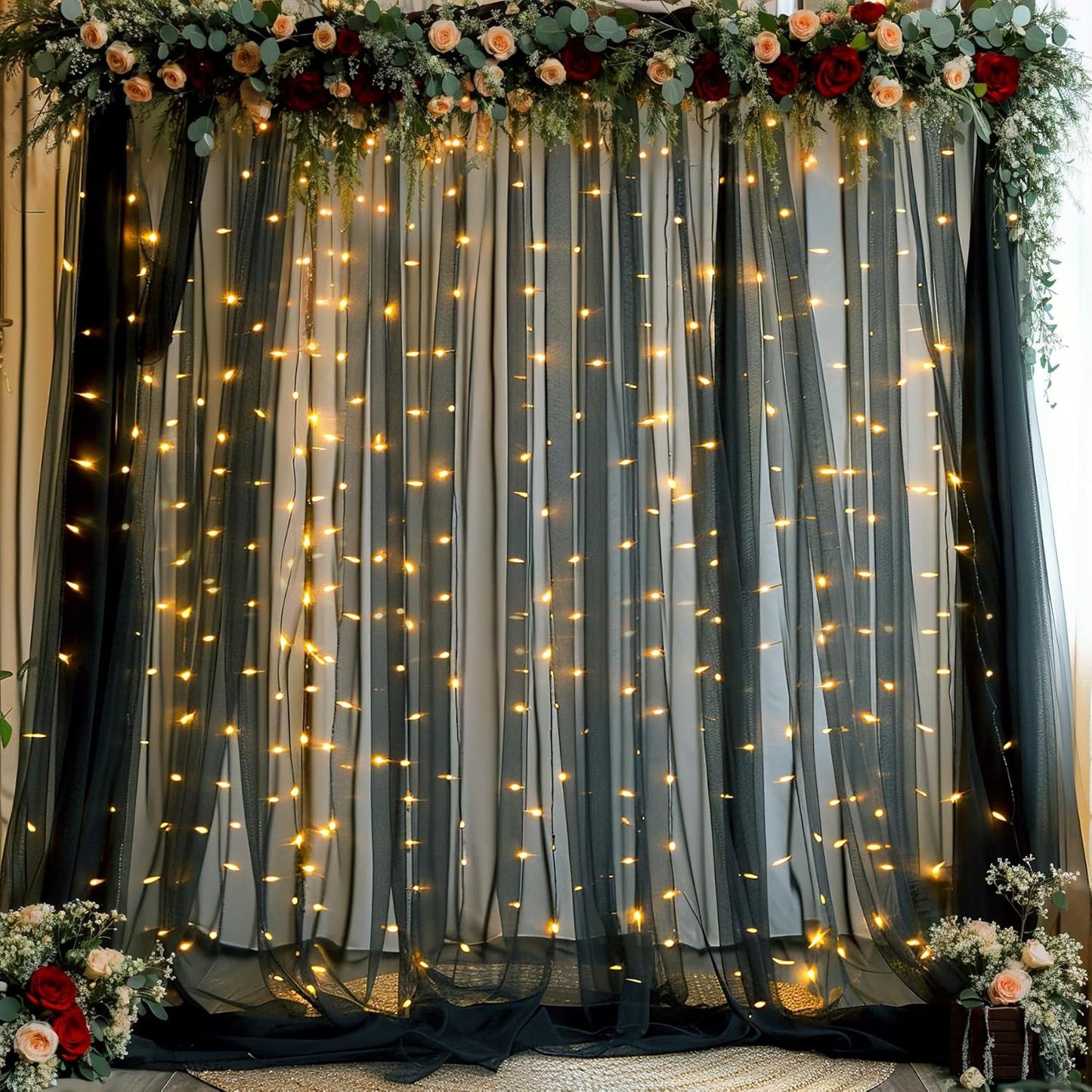 Black Sheer Backdrop Curtains with Lights String for Parties Birthday 10ft × 8ft Black Tulle Backdrop Curtain for Baby Shower Wedding Graduation Halloween Party Photo Shoot Decorations