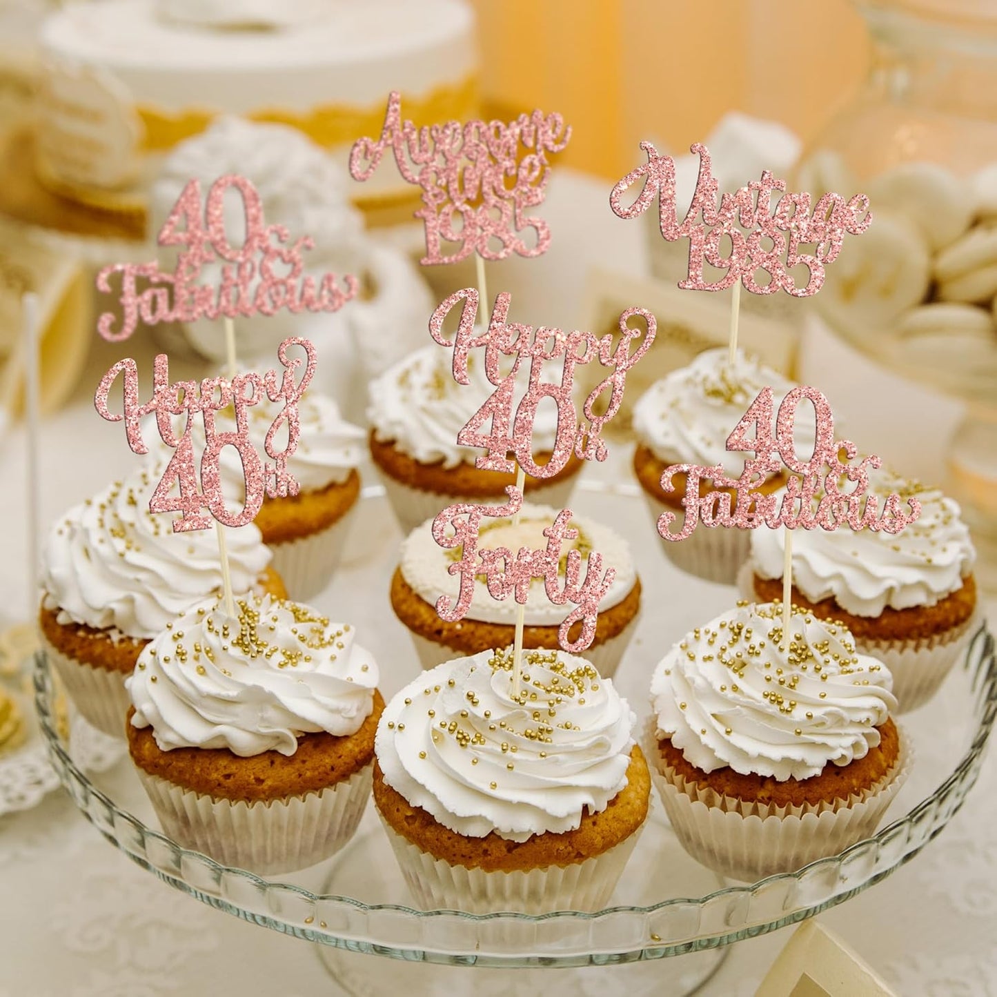 30Pcs Vintage 1985 Cupcake Toppers Glitter Forty 40 Fabulous Happy 40th Birthday Cupcake Picks Cheers to 40 Years for 40th Birthday Anniversary Party Cake Decorations Supplies Rose Gold