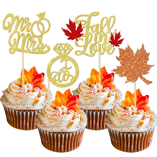 24 PCS Fall in Love Cupcake Toppers Glitter Maple Leaf Cupcake Picks Mr & Mrs Diamond I Do Cupcake Decorations for Autumn Wedding Engagement Bridal Shower Theme Party Cake Decorations Supplies
