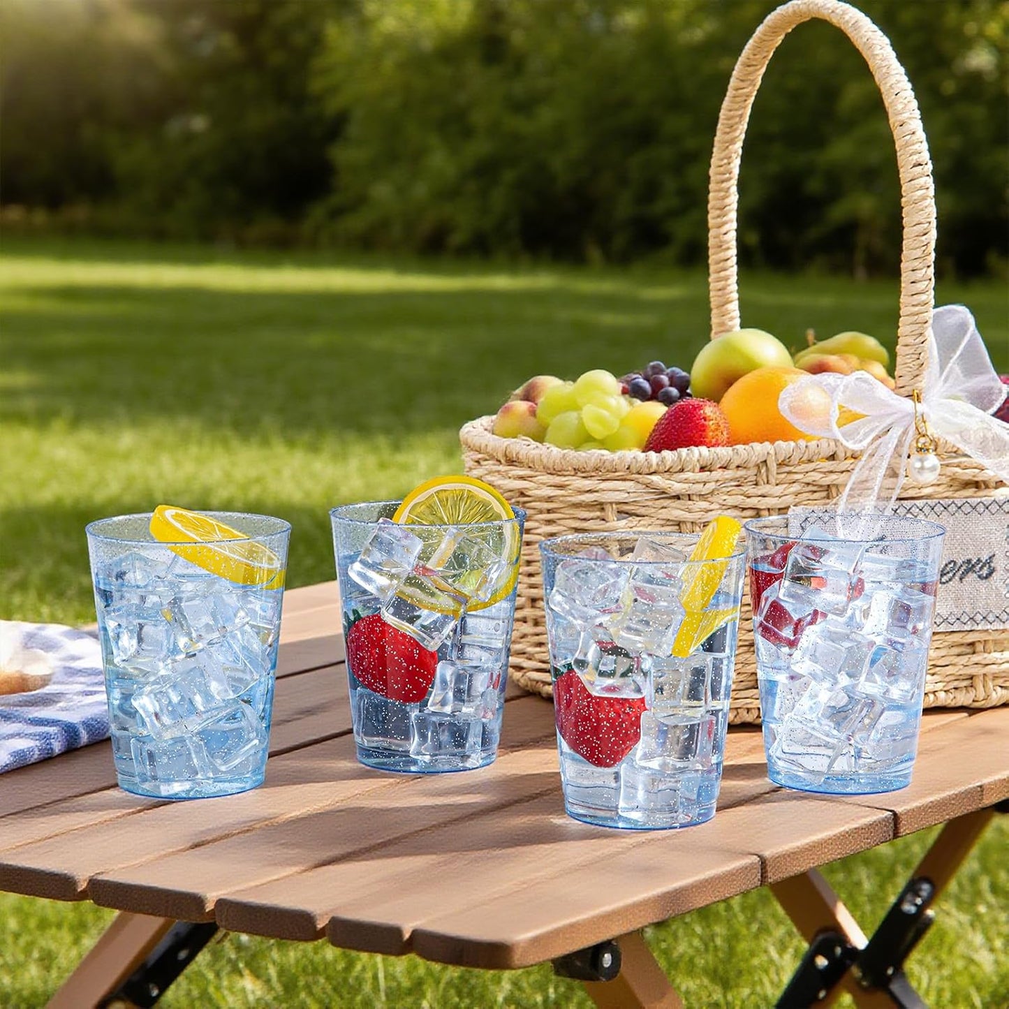 DaYammi 100 Pack Blue Plastic Cups 10 oz Disposable Cups Tumblers, Elegant Blue Glitter Party Drinking Cup Perfect for Wedding, Fancy Disposable Cup Plastic Cocktail Glasses Wine Glasses for Party