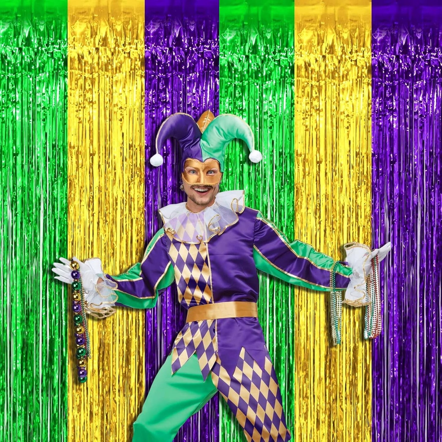 4 Pack Mardi Gras Foil Fringe Curtain Backdrop, 3.28Ft x 9.8Ft Gold Green Purple Metallic Tinsel Foil Fringe Streamers Curtains for Photo Booth, Wedding, Birthday, Carnival Party Decoration