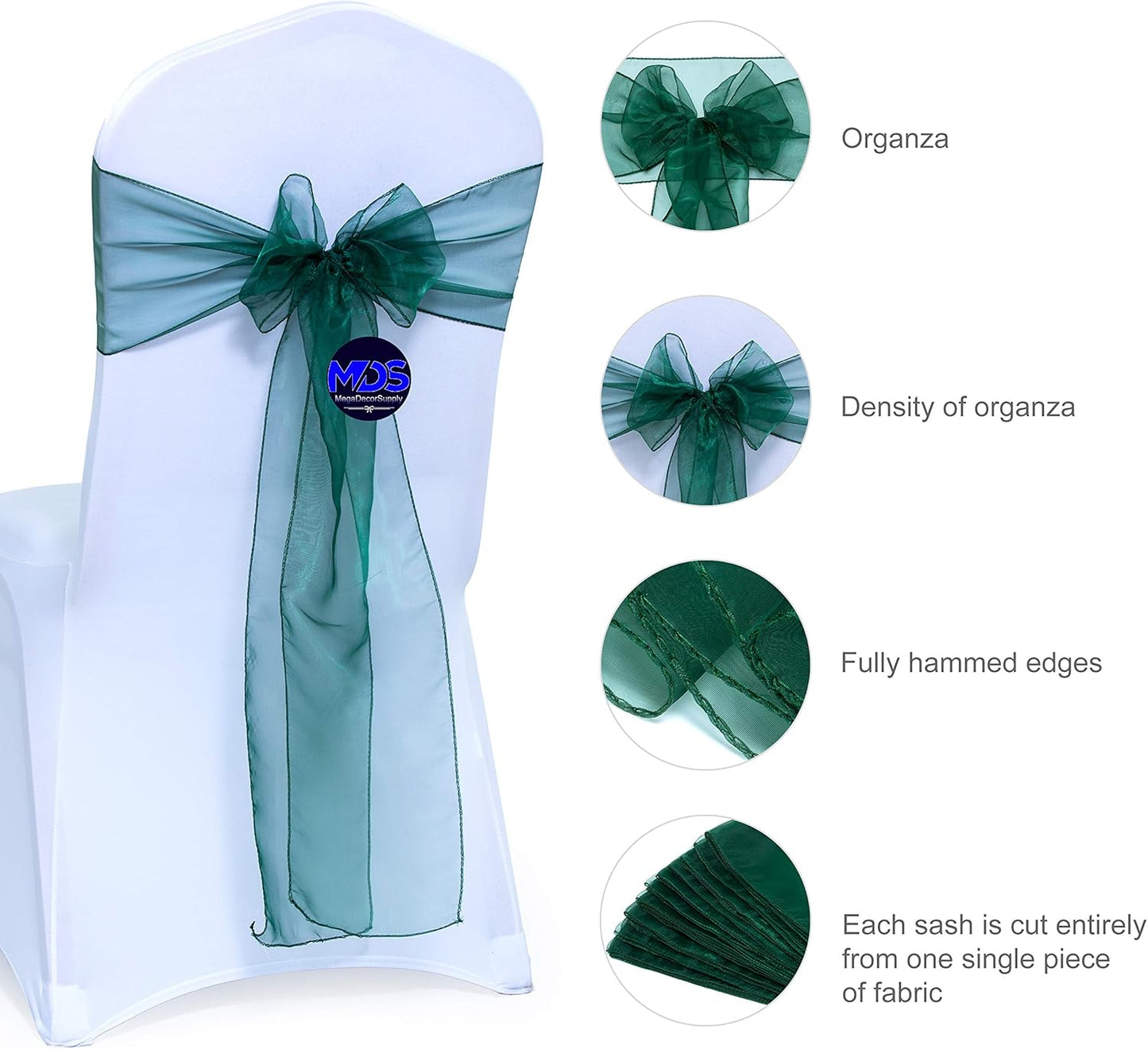 MDS Pack of 300 PCS Organza Chair Sashes Wider Dining Chair Bows Ribbon Tie Back for Wedding Party Birthday Bridal Shower Reception Event Banquet Home Chair Cover Decoration - Hunter Green