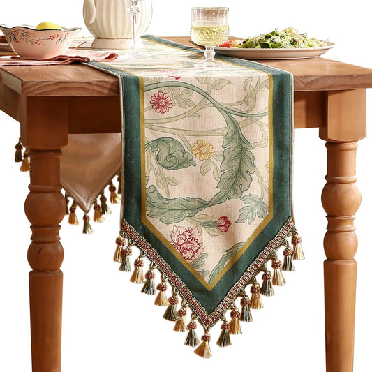patdrea Designer Green Floral Table Runner,French Elegant Vibrant Rustic Linen with Green Leaves Patterns Fabric Table Mat,Decoration for Kitchen Dining Room Banquet Christmas,12"*102"