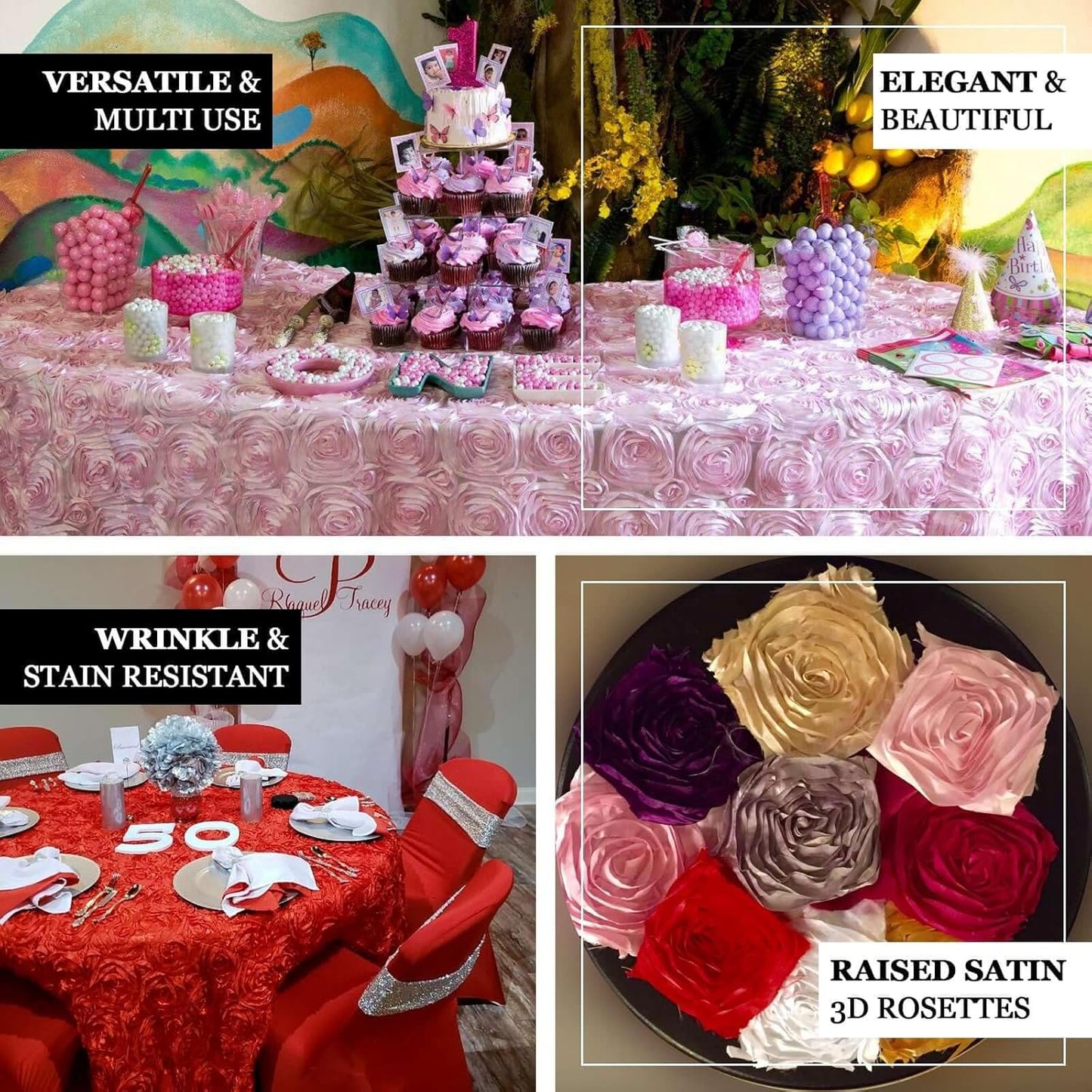 Efavormart 132" Wholesale Round Table Cover Ivory Grandiose Rosette 3D Satin Tablecloth for Wedding Party Event Decoration