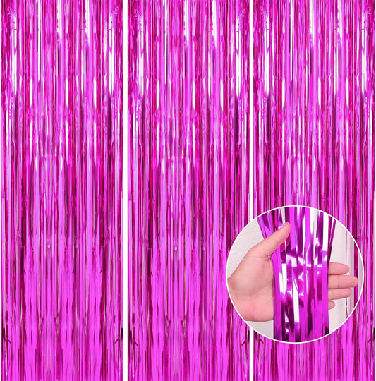 Crosize 3 Pack 3.3 x 9.9 ft Hot Pink Foil Fringe Backdrop Curtains, Streamer Backdrop Curtains, Streamers Birthday Party Decorations, Tinsel Curtains for Parties, Photo Booth Backdrops