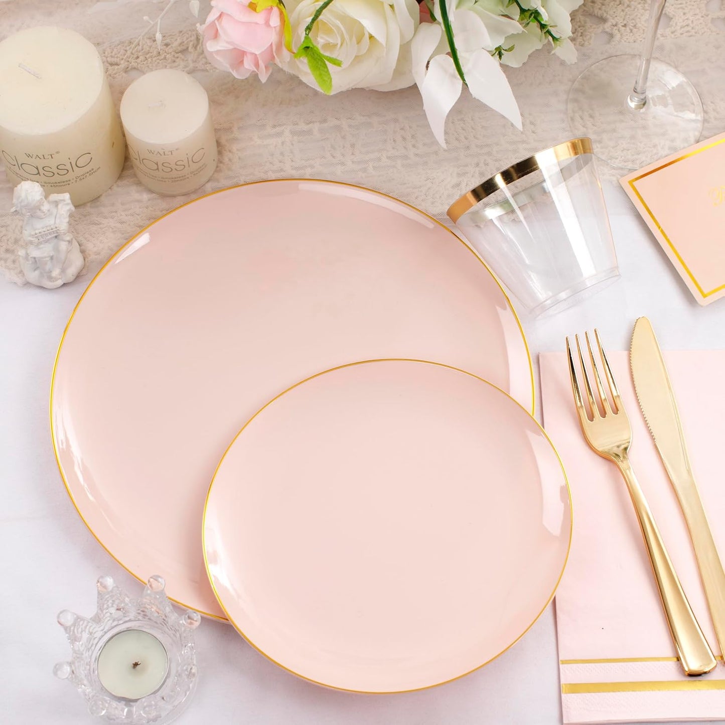 NOCCUR 350PCS Pink and Gold Plastic Plates - Pink Disposable Plastic Dinnerware Set for 50 Guests Include 50 Dinner Plates,50 Dessert Plates,150 Gold Cutlery,50 Cups&50 Napkins for Party&Wedding