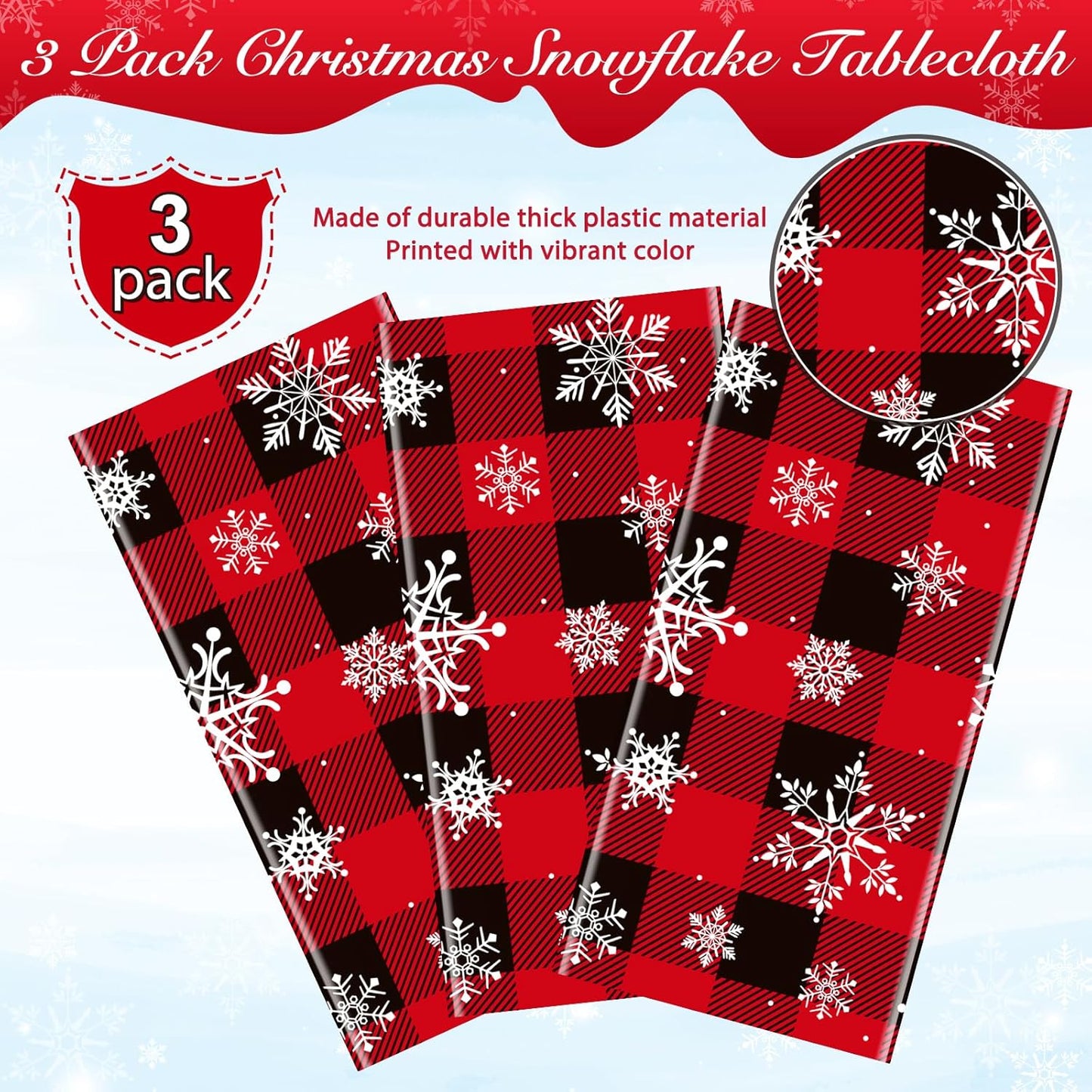 3 Pieces Red and Black Buffalo Plaid Merry Christmas Party Tablecloth Decorations,Plastic White Snowflake Buffalo Plaid Sign Table Cover for Winter Christmas Holiday Party Supplies,54x108 inch