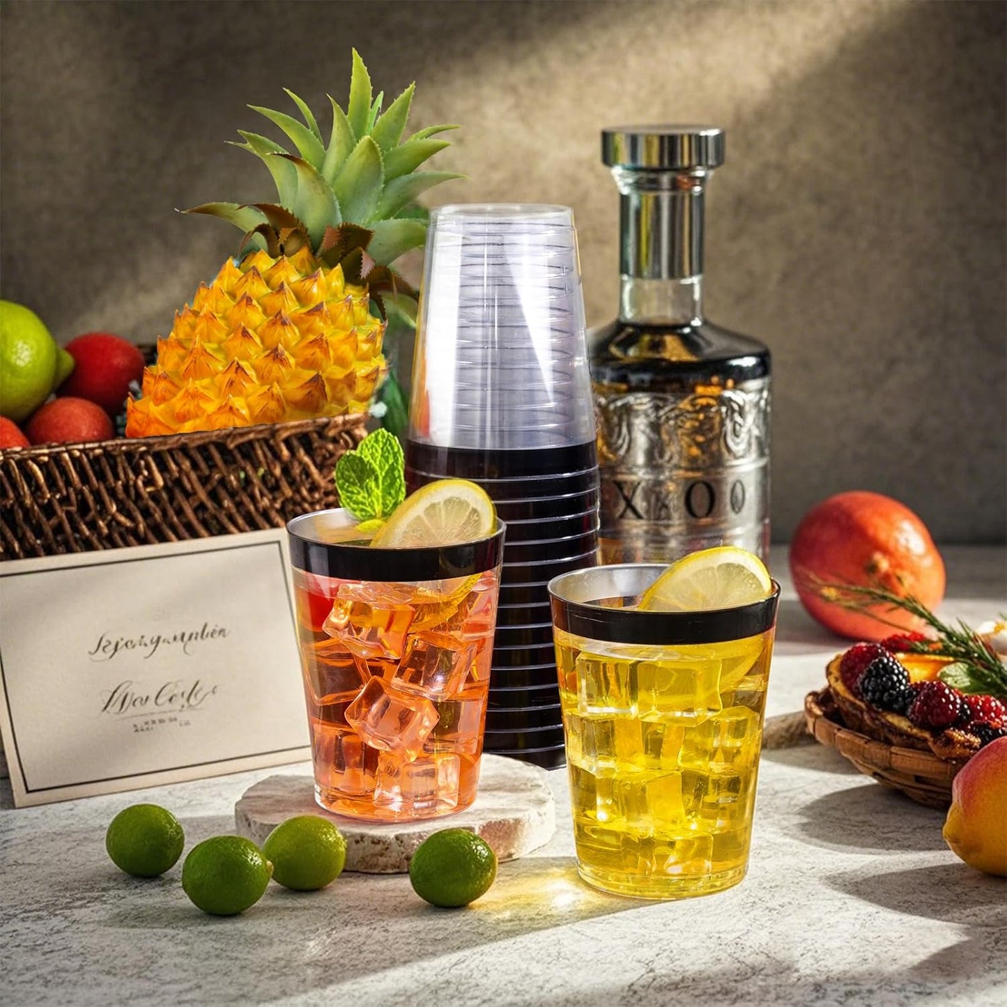 DaYammi 100 Pack Black Plastic Cups 10Oz Clear Disposable Cups with Black Rim, Clear Cocktail Cup Heavy Duty Disposable Wine Glasses Disposable Fancy Plastic Cups for Halloween Party