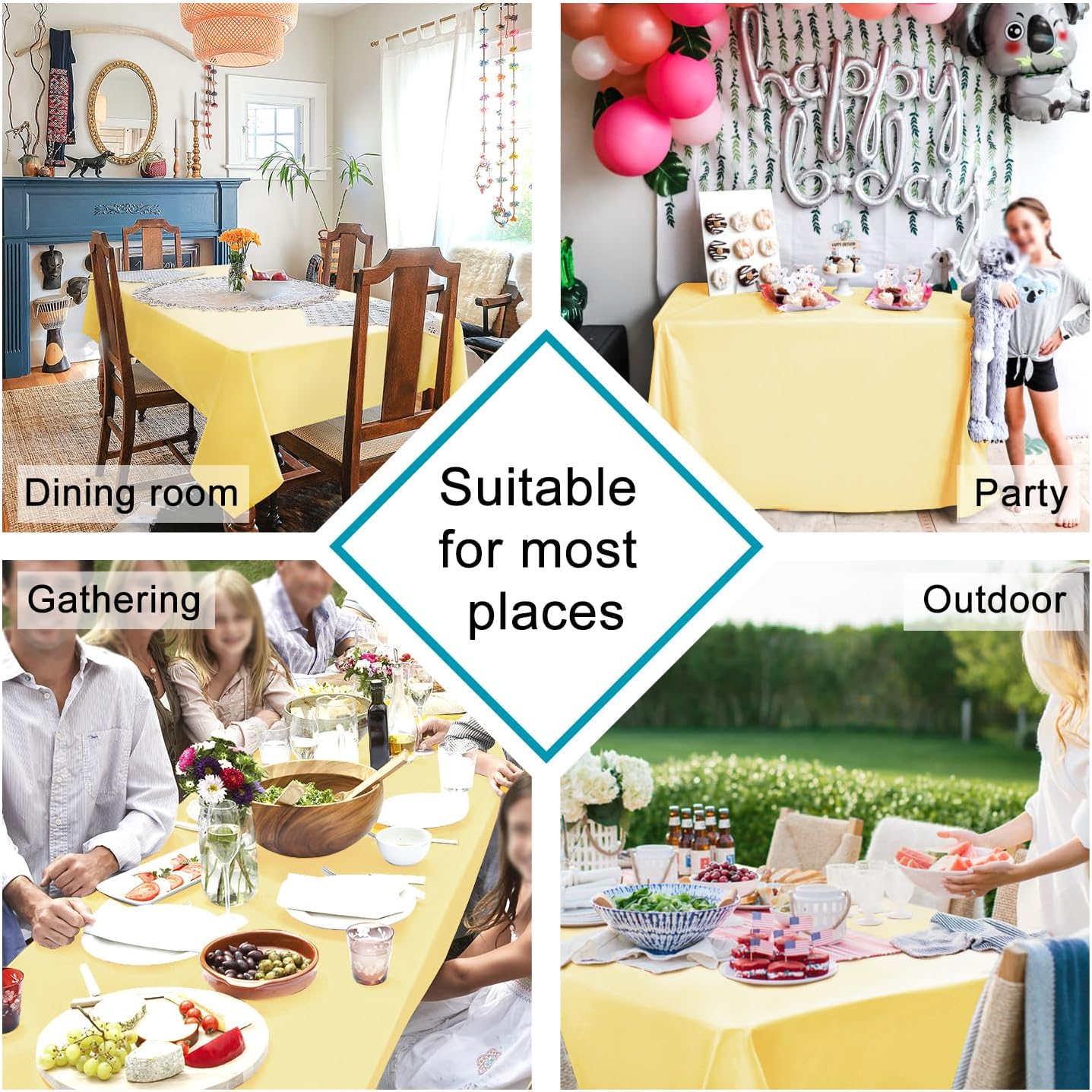 Hiasan Rectangle Tablecloth - Water Resistant and Spillproof Kitchen Washable Polyester Fabric Table Cloth for 6 Foot Tables, 70 x 70 Inch, Light Yellow