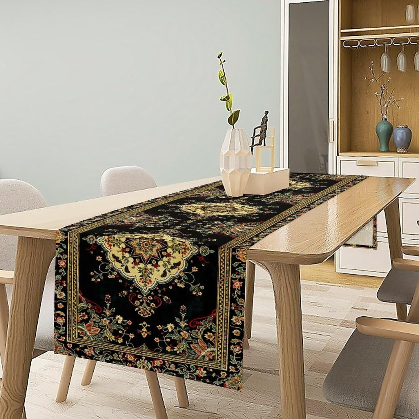 Colorful Boho Flower Table Runner, Vintage Rustic Farmhouse Paisley Hand Drawing Print Pattern for Home Kitchen Table Decor Dining Coffee Room Garden Party Decor 13x72in
