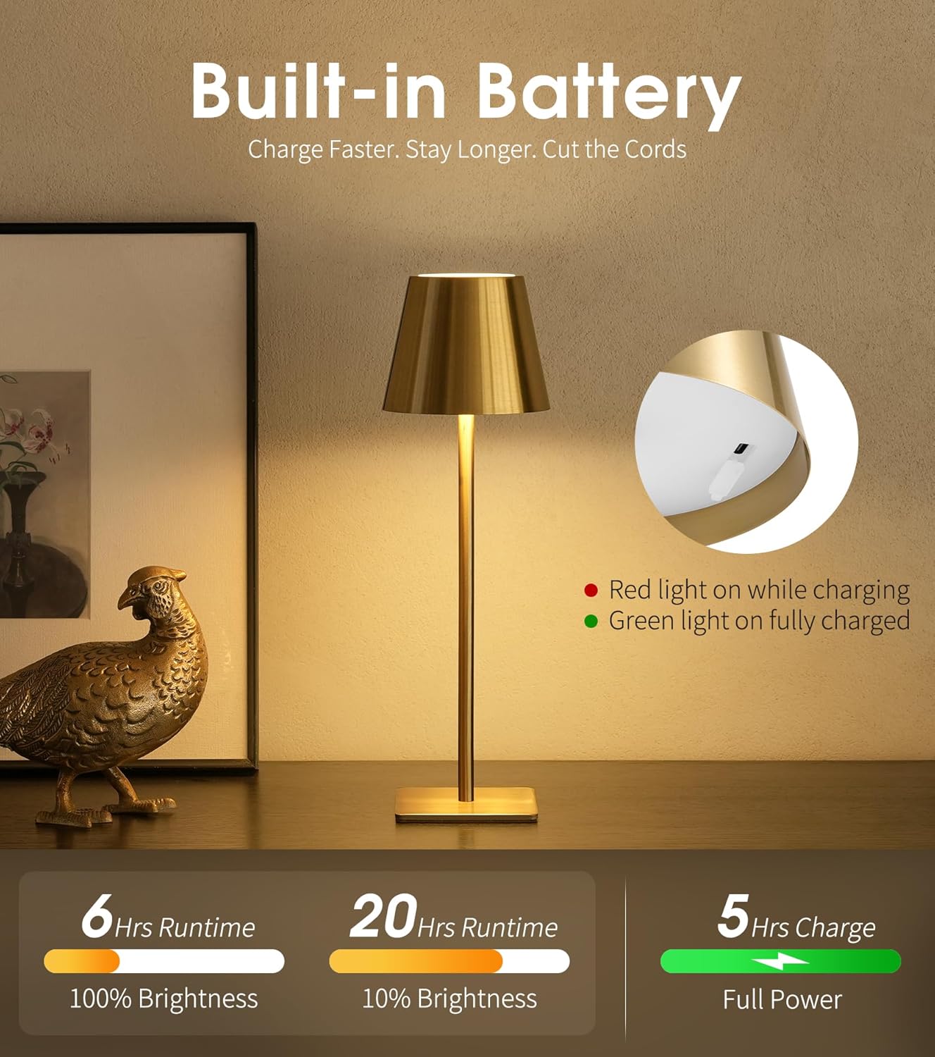 UME Cordless Table Lamp, Battery Operated Lamp - Portable Waterproof Rechargeable Table Lamp w/ 3 Color Temps & Stepless Dimming for Dinner, Desk, Cafe, Outdoor (Brushed Gold)