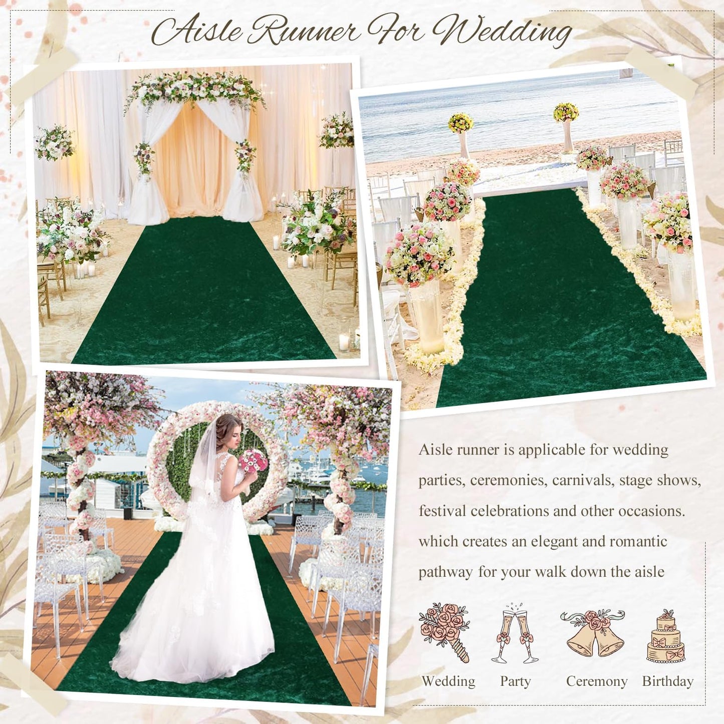 MODFUNS Emerald Green Aisle Runner for Wedding Ceremony 4x15 FT Aisle Floor Runner for Party Outdoor Carpet Runner Aisle Runners for Weddings Aisle Runner Rug for Prom Graduation Modern Walkway