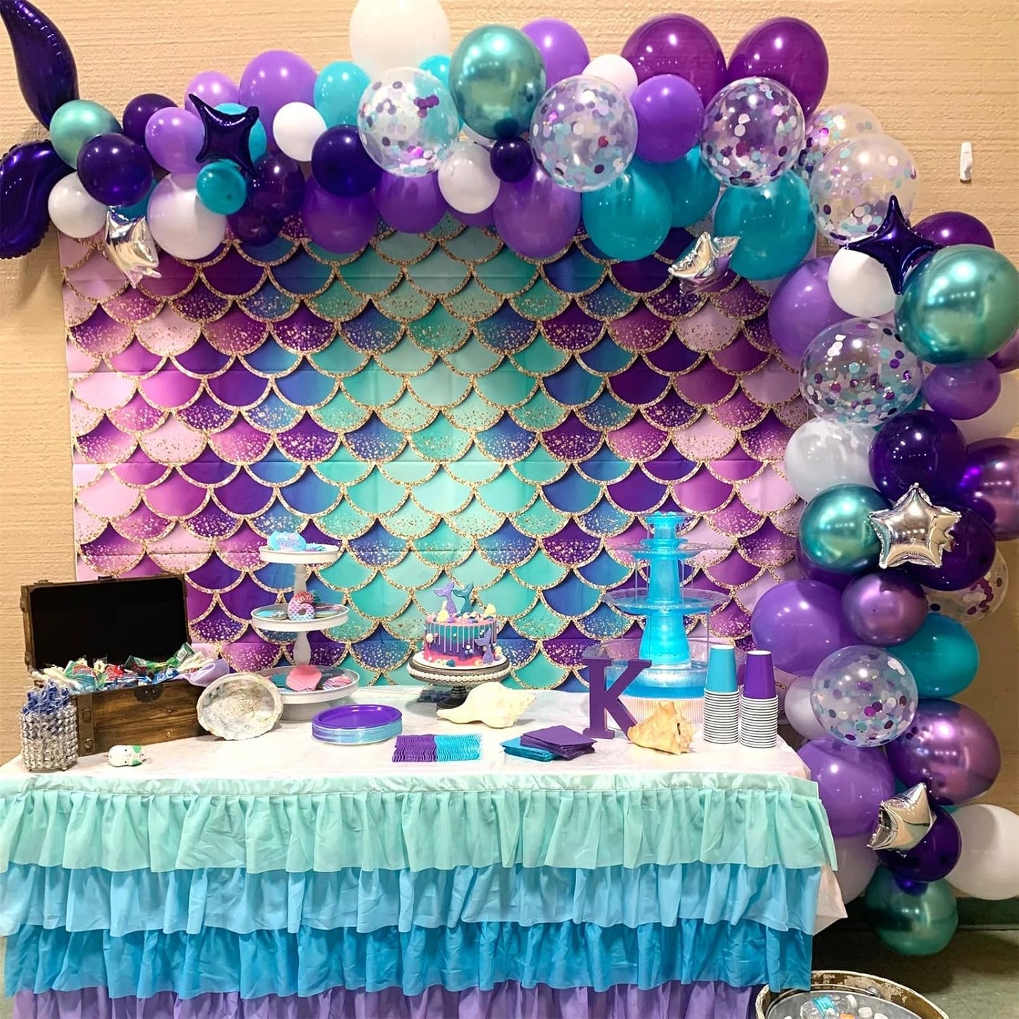 Mermaid Party Balloons 55 Pack, 12 Inch Metallic Purple Teal Blue Turquoise Green White Confetti Latex Helium Balloons Set for Kids Girls Baby Shower Mermaid Theme Birthday Party Decorations Supplies