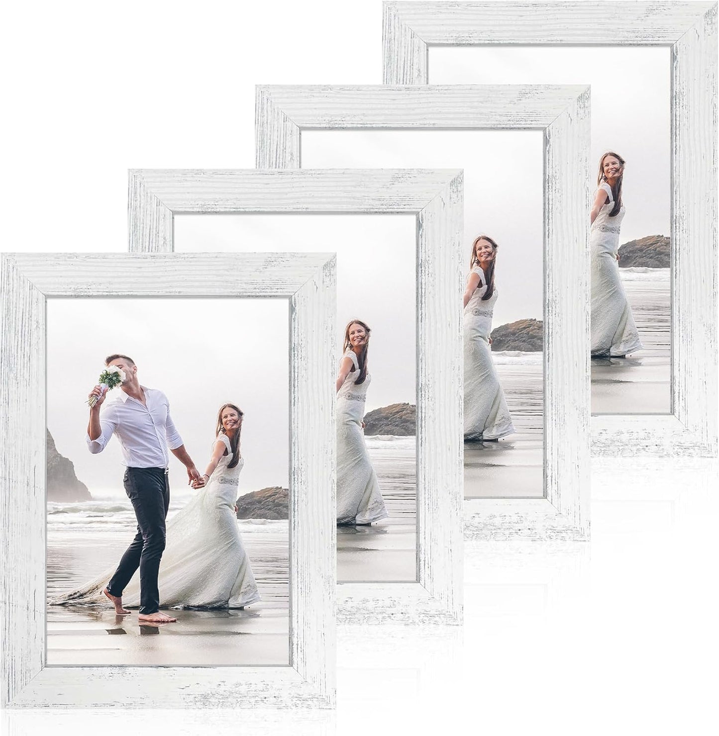 6x9 Picture Frame Set of 4, High Definition Glass Distressed White Frame, 6 x 9 Wood Photo Frames for Horizontal or Vertical Tabletop Display and Wall Mounting