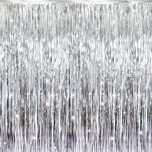GOER 3.2 ft x 9.8 ft Metallic Tinsel Foil Fringe Curtains Party Photo Backdrop Party Streamers for Birthday,Graduation,New Year Eve Decorations Wedding Decor (Silver,1 Pack)