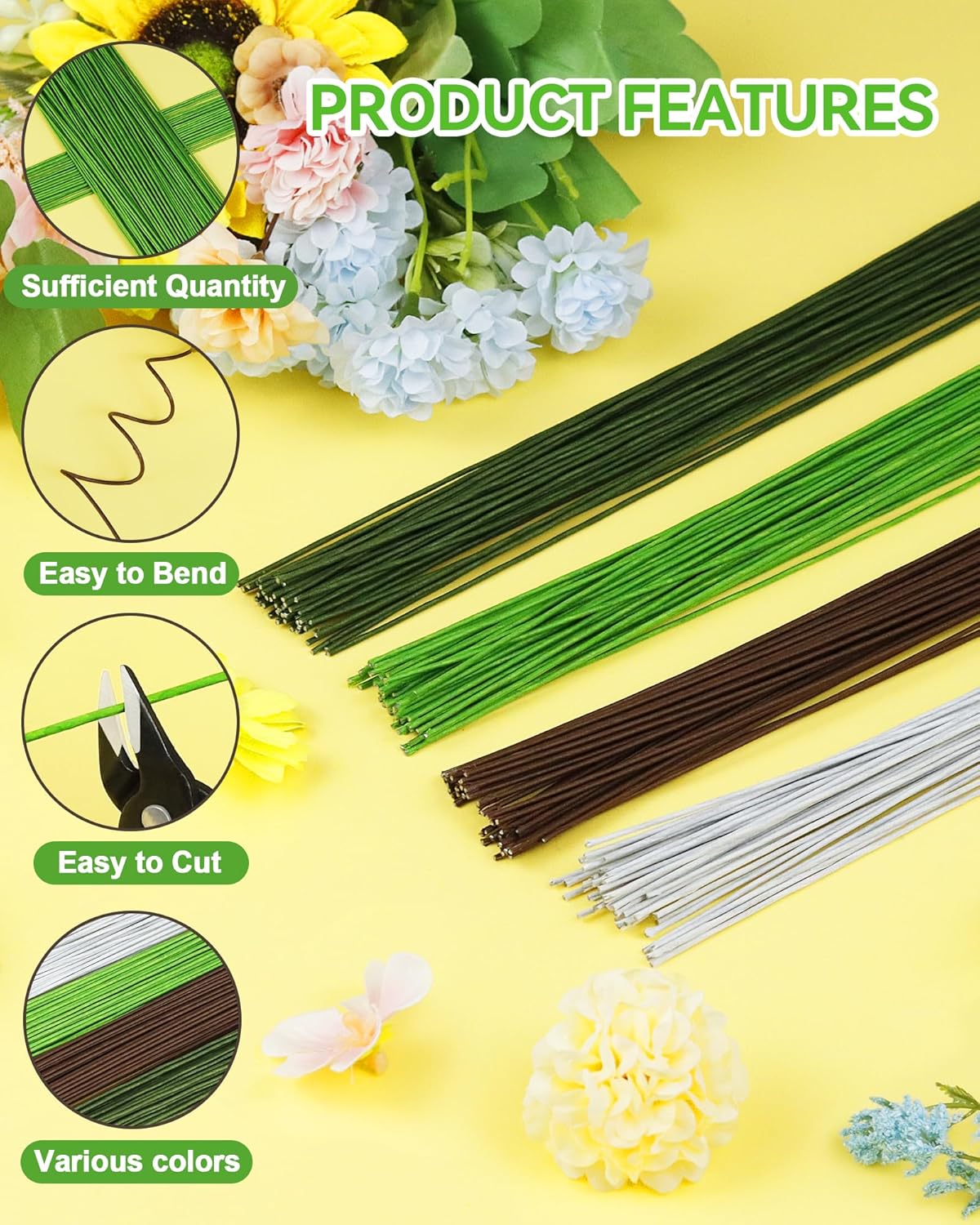 50 PCS FIVEIZERO 16 Gauge LightGreen Floral Wire Stems for Artificial Flower Making, Florist Wires for Crafts, Wreaths, Flower Arrangements and DIY Projects
