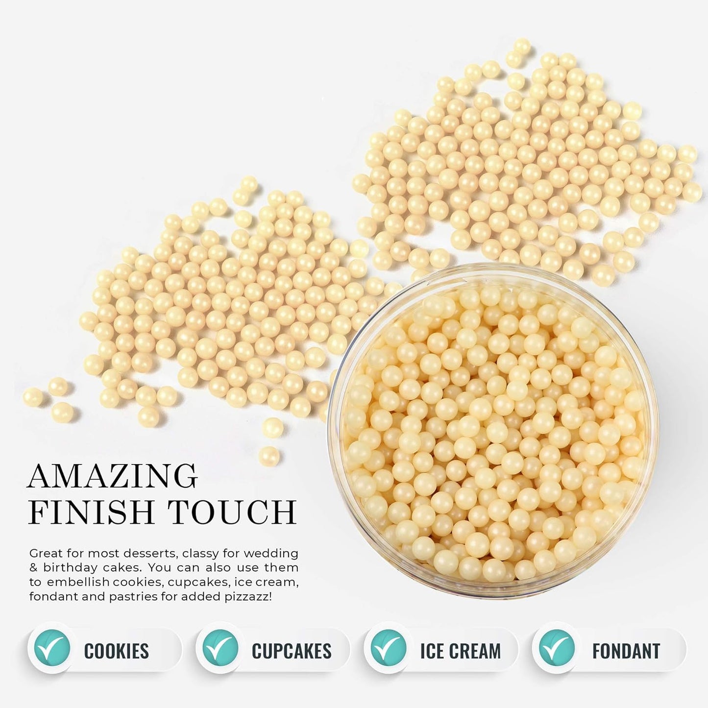 O'Creme Ivory Edible Sugar Pearls Cake Decorating Supplies for Bakers: Cookie, Cupcake & Icing Toppings, Beads Sprinkles For Baking, Certified, Candy Sugar Ball Accents (12mm, 32 Oz)