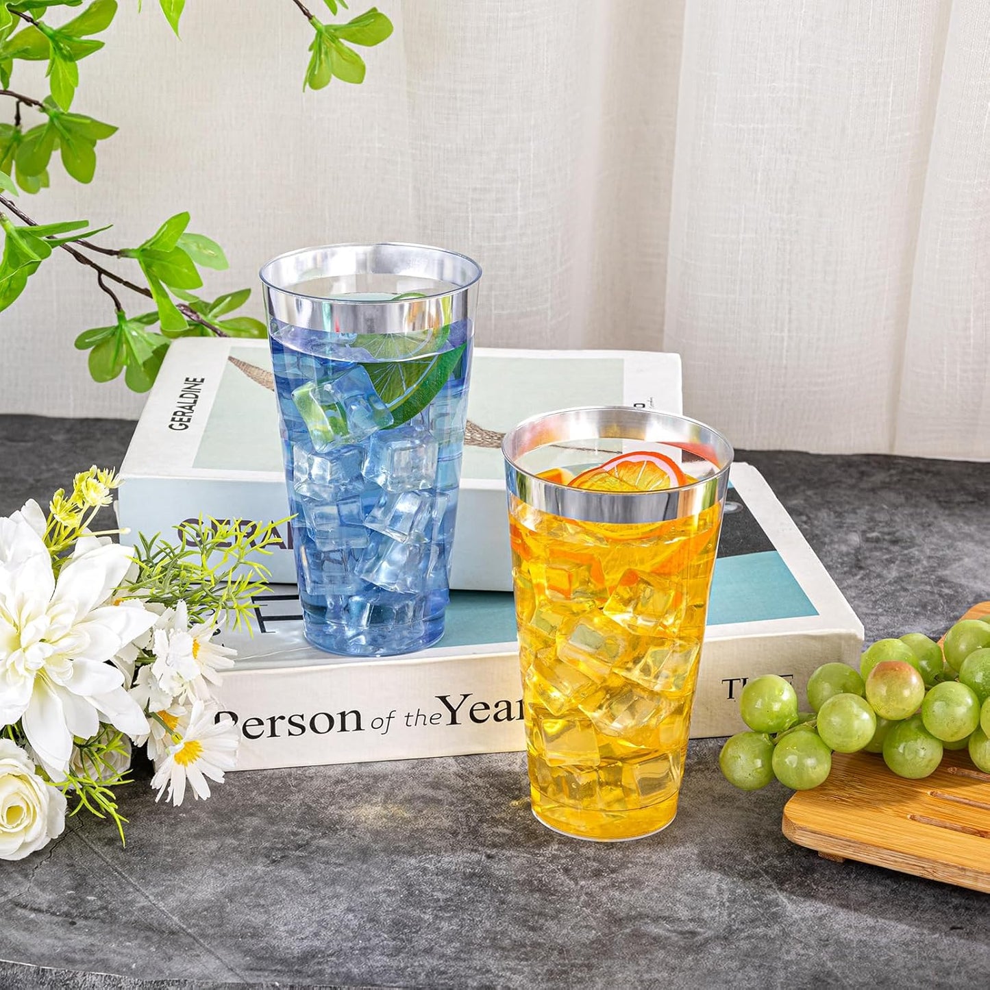 I00000 16 oz Silver Plastic Cups, 100 Pack Clear Plastic Cups,Silver Rimmed Disposable Cup, Heavy-duty Disposable Tumblers Perfect for Party, Holiday, Wedding & Birthday