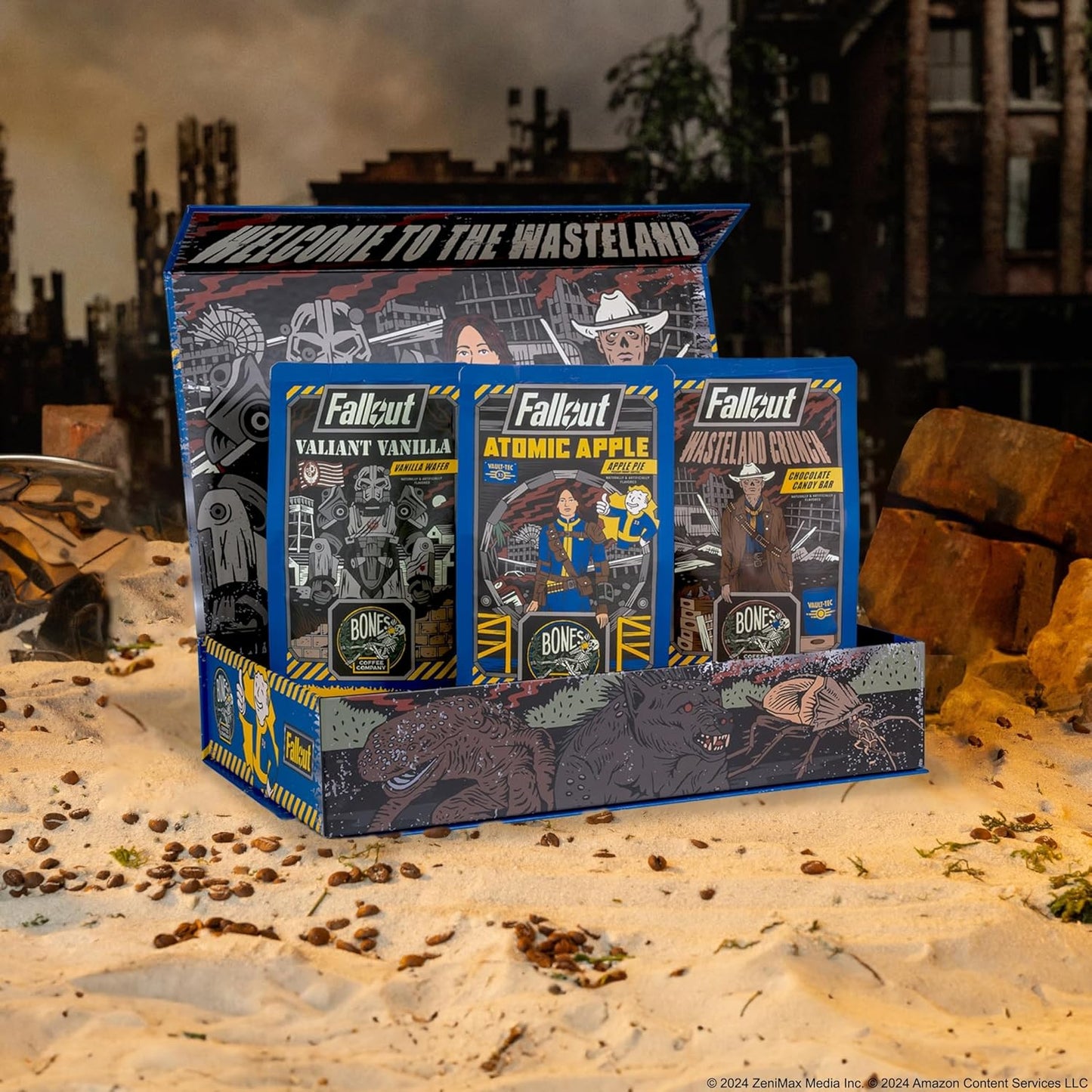 Bones Coffee Company Fallout Collector's Box Flavored Coffee, Low Acid Medium Roast Arabica Beans Coffee Gifts, Fallout Series Inspired, For Auto Drip and French Press,12 oz Pack of 3 Whole Bean
