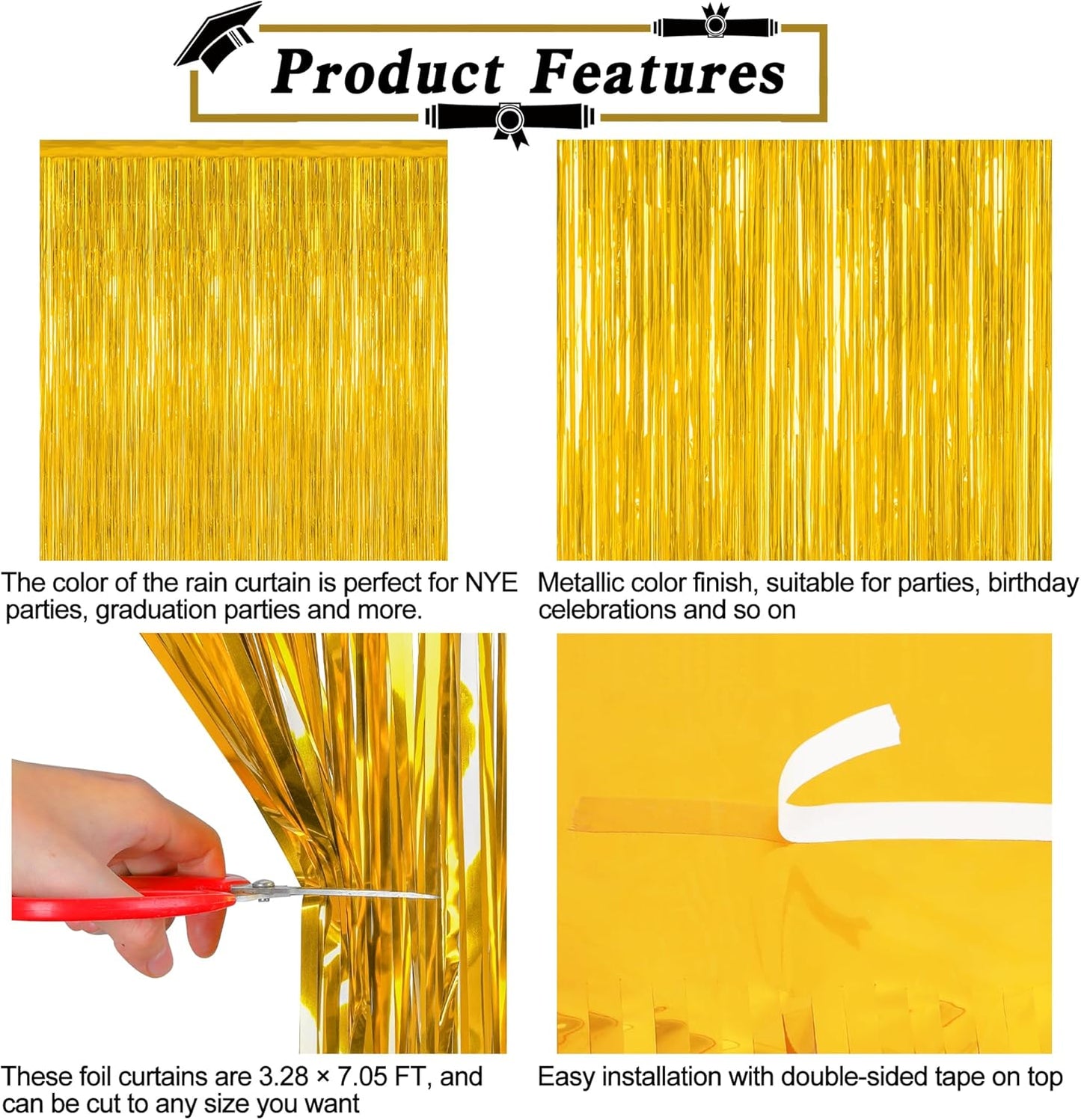 4 Pack 2025 Graduation Party Decorations, 3.28 x 7.05 Feet Gold Grad Curtains, Metallic Gold Backdrop Curtain Class of 2025 Backdrop Party Streamer, Congrad Backdrop Grad Decor 2025