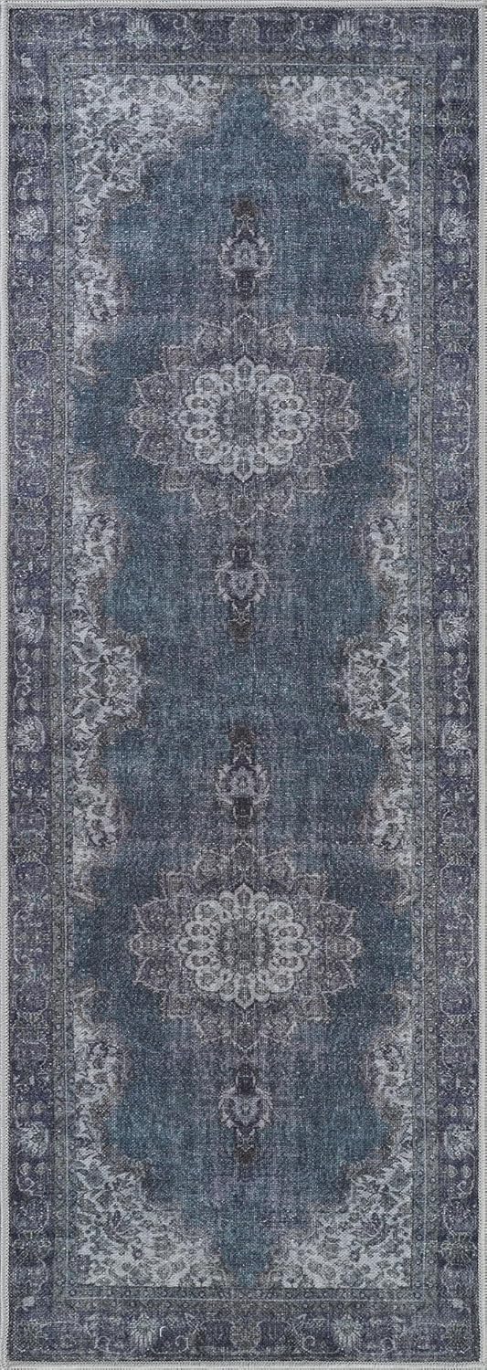 Bloom Rugs Washable Non-Slip 12 ft Runner - Dark Teal Traditional Medallion Runner for Entryway, Hallway, Bathroom, and Kitchen - Exact Size: 2.5' x 12'