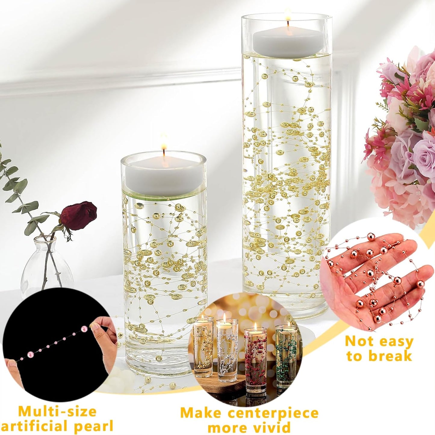 50 PCS Artificial Floating Beads for Centerpieces & Vase Fillers - Transparently BlueAB 8+3mm String Beads, Faux Pearl Strings for Wedding, Party, Crafts, and Home Decoration