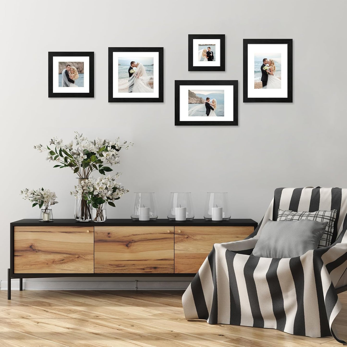 8x8 Picture Frames Set of 4 with High Definition Real Glass, Black Frames Display 6x6 Picture with Mat or 8x8 Without Mat, Wood Square 8 x 8 Photo Frame for Wall Mount and Tabletop Display
