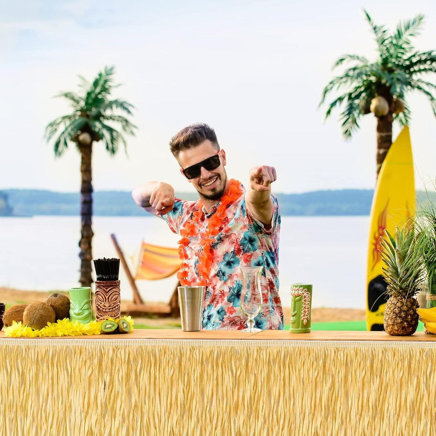 Fovths 6 Packs Luau Grass Table Skirt Fringe Straw Grass Skirt 108 x 30 Inch Hibiscus Hawaiian Table Skirts Rectangle Tropical Luau Party Decorations for Hawaiian Luau Decorations