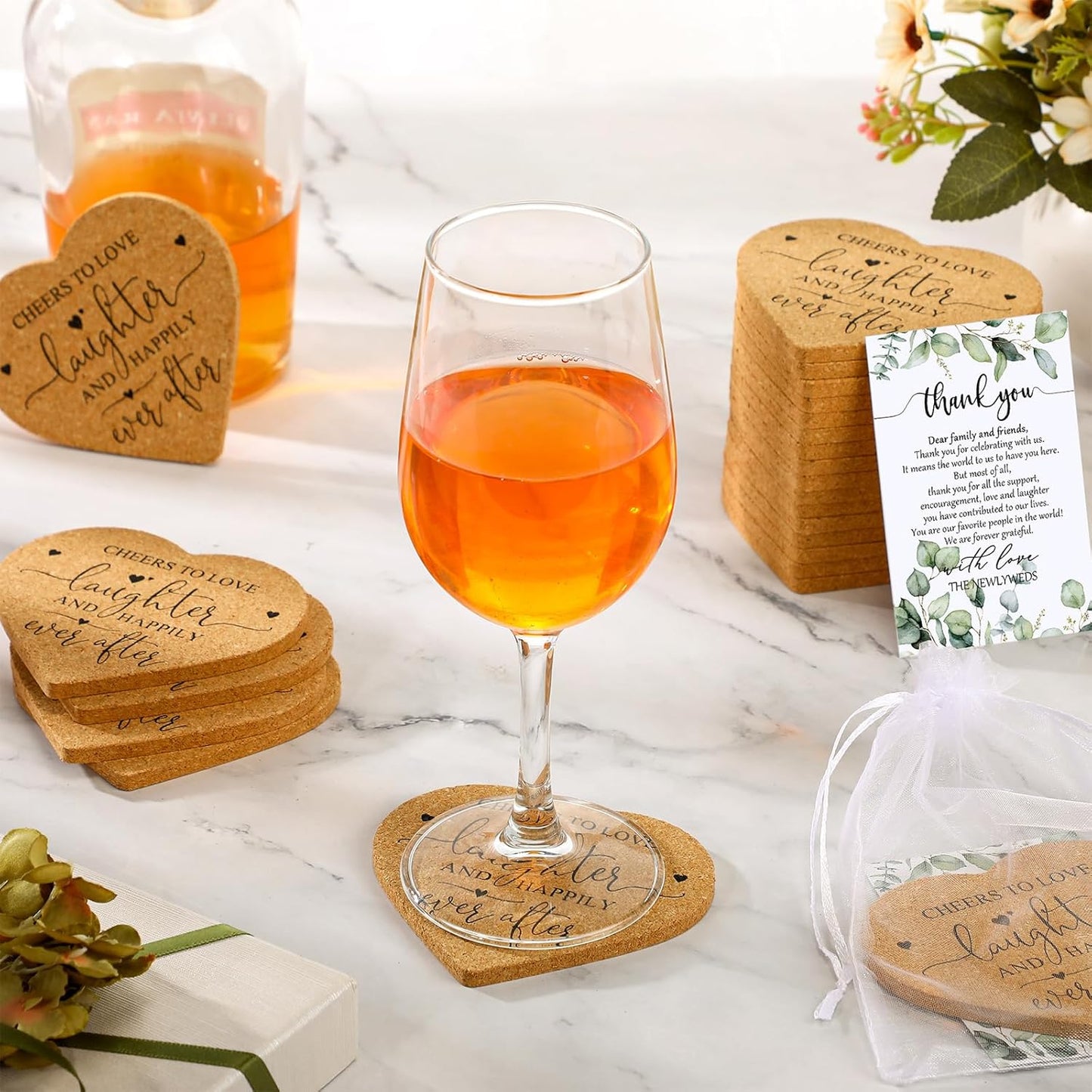 Uiifan 100 Set Wedding Favors for Guest Coaster Gifts Bulk Heart Shaped Coasters Thank You Cards Organza Bags Guest Souvenirs for Wedding Party Bridal Favors