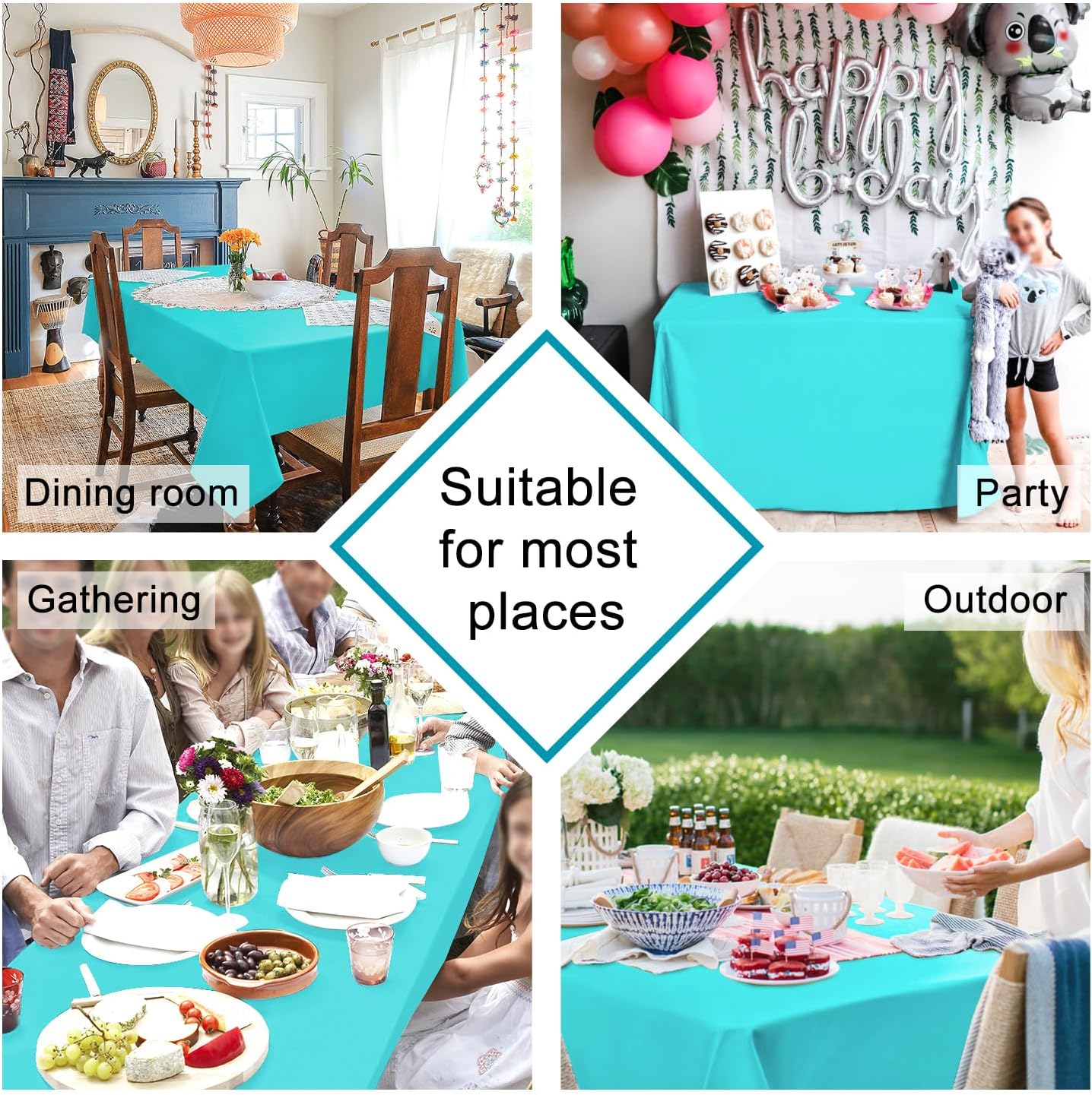 Hiasan 2 Pieces Solid Rectangle Tablecloth - Waterproof and Spillproof Washable Polyester Fabric Table Cloth for Kitchen and Dining Room, Aqua, 90 x 132 Inch