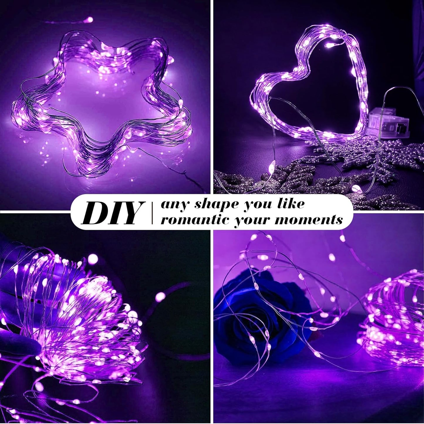 ZGWJ 100 Pack Fairy Lights Battery Operated, 7ft 20 Mini LED Fairy String Lights Silver Wire 3 Modes for DIY, Parties, Wedding, Bedroom, Halloween Christmas Decoration Purple