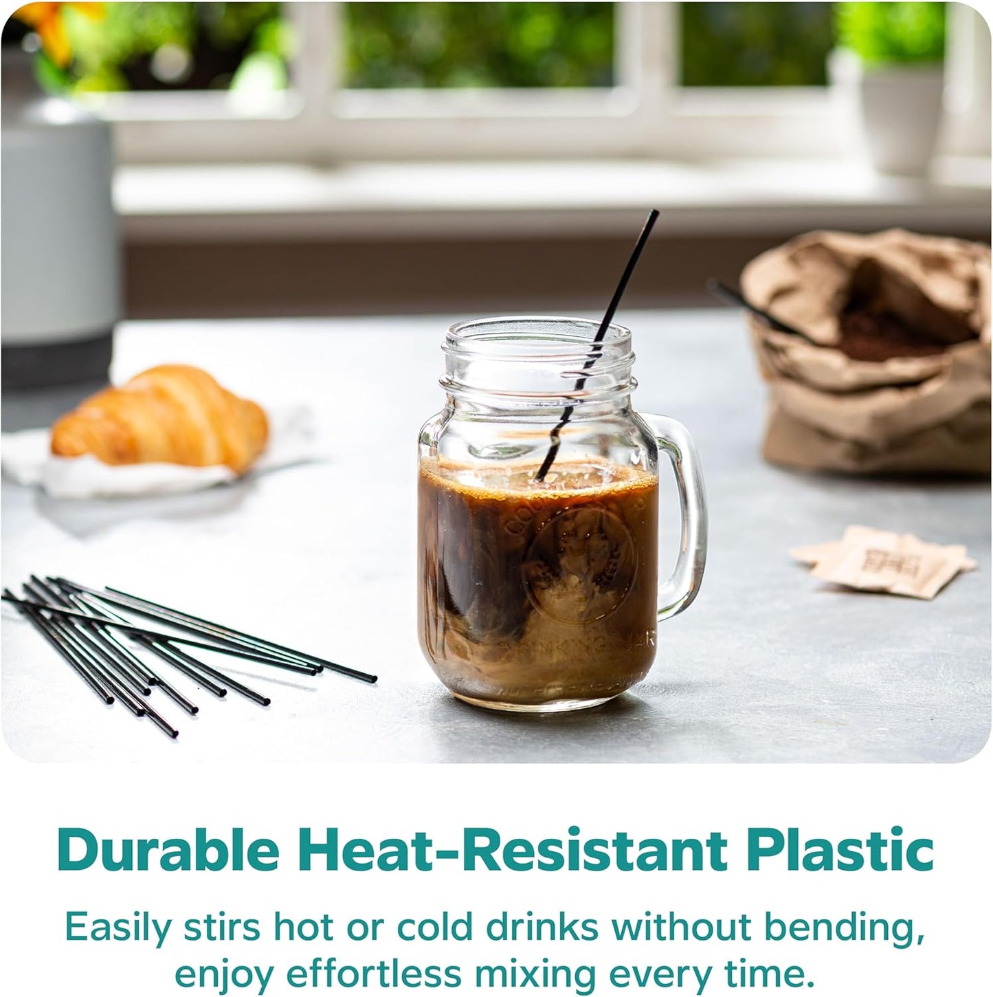 Comfy Package [7 Inch - 1000 Count] Black Coffee Drink Stirrers & Cocktail Straws - Disposable Plastic Sip Stir Sticks for Hot & Cold Beverages