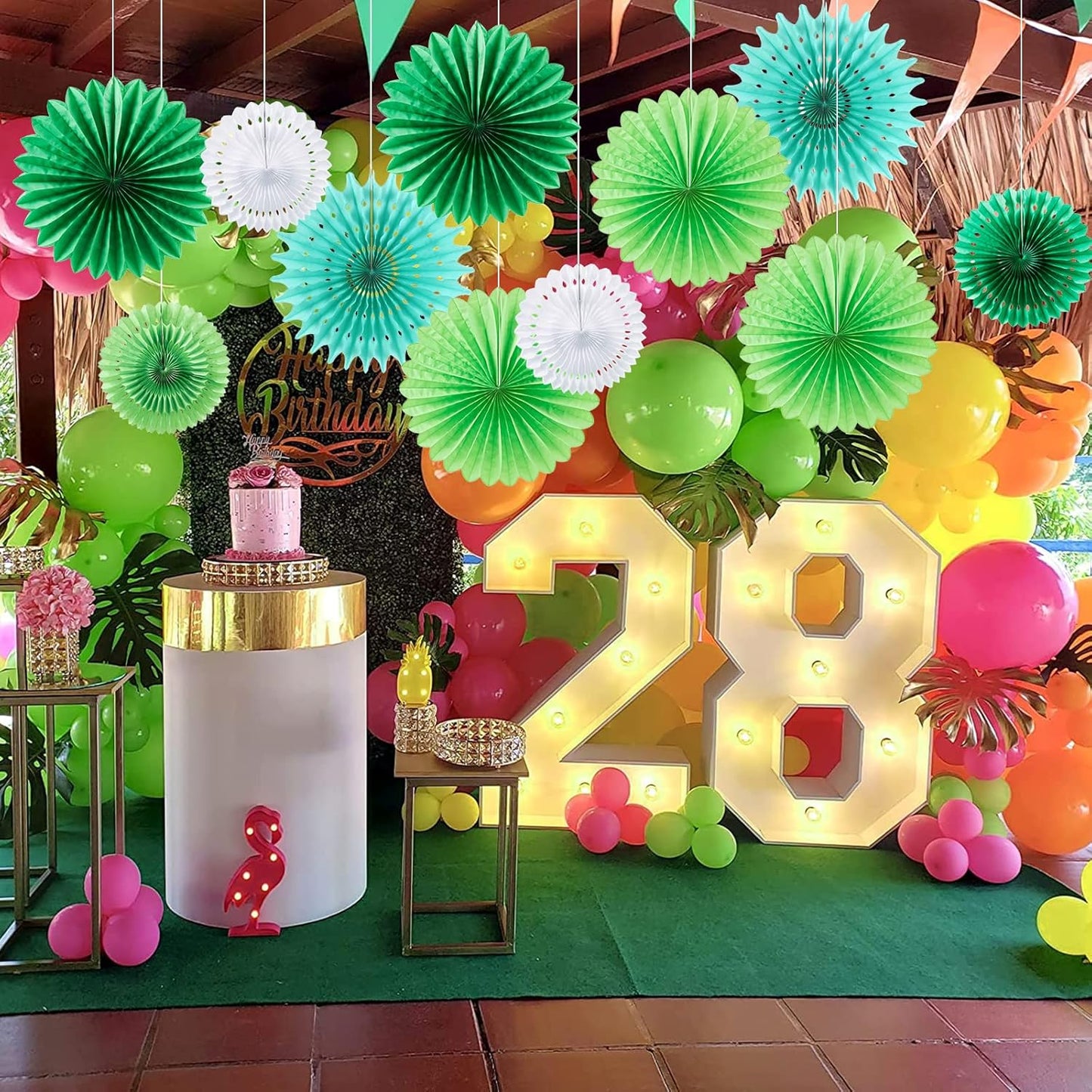 SUNBEAUTY Pack of 11 Green White Party Decoration Hanging Honeycomb Round Paper Fans Kit for Dinosaur Theme Birthday Baby Shower Summer Forest Carnival St.Patrick's Irish Backdrop Party Supplies
