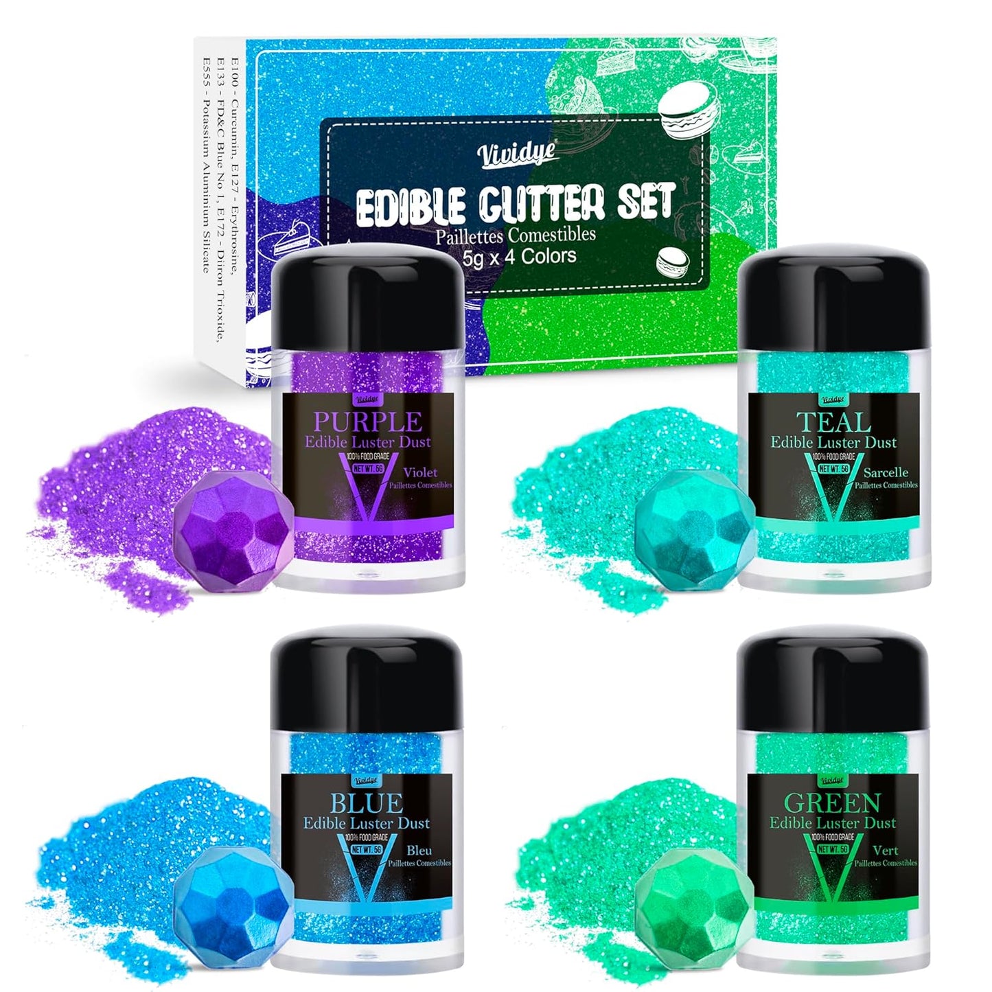 Edible Glitter - 4 Colors Luster Dust Edible Glimmer Powder for Sparkling Drinks, Foods, Wine, Beverage, Cake - Food Grade Shimmer Dust Powder for Baking, Cocktails, Cupcakes Decoration - 5g / Bottles