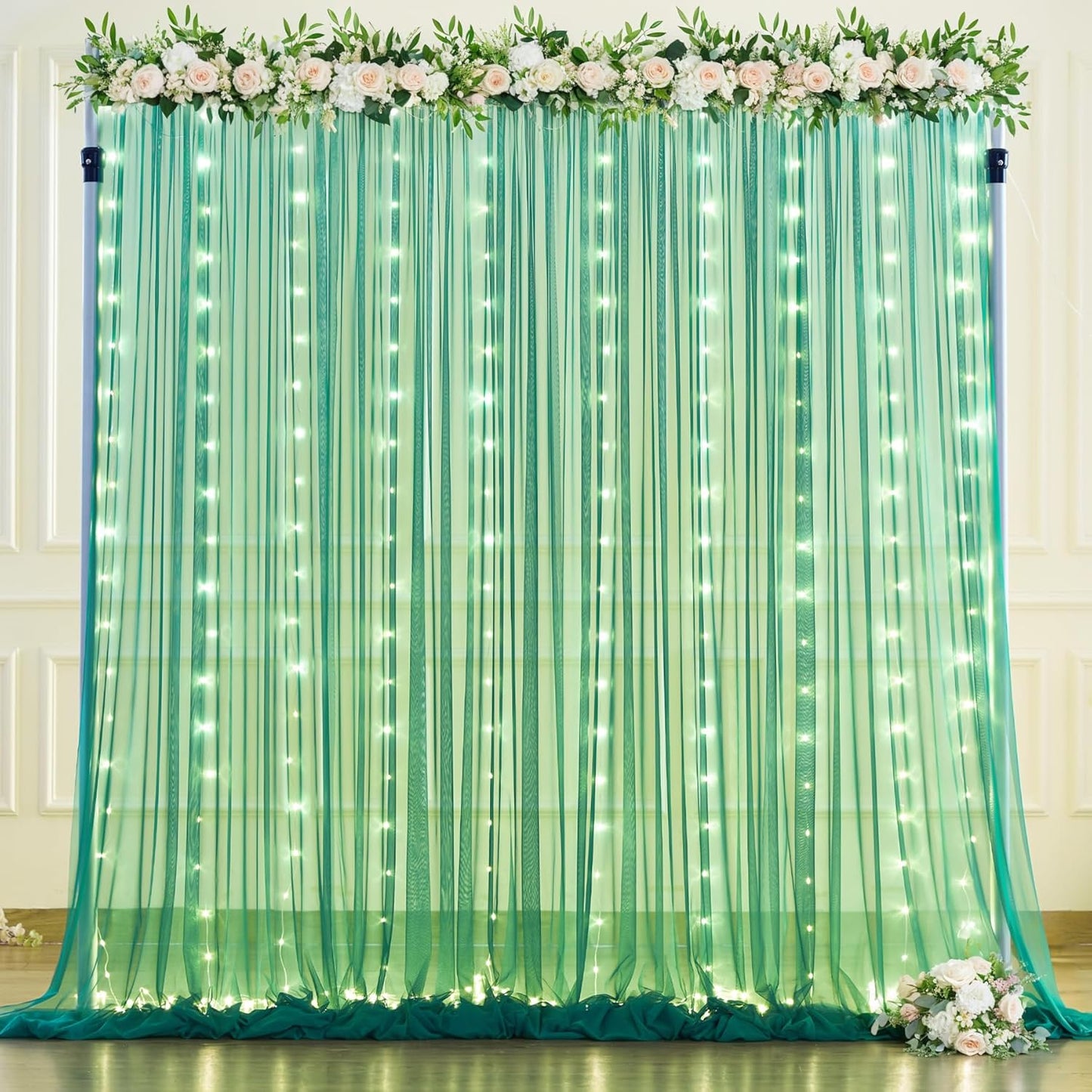 Hunter Green Tulle Backdrop Curtains with Lights String for Parites 10x8ft Sheer Backdrop Curtains Drapes for Birthday Party Bridal Shower Baby Shower Photo Booth Background Decorations