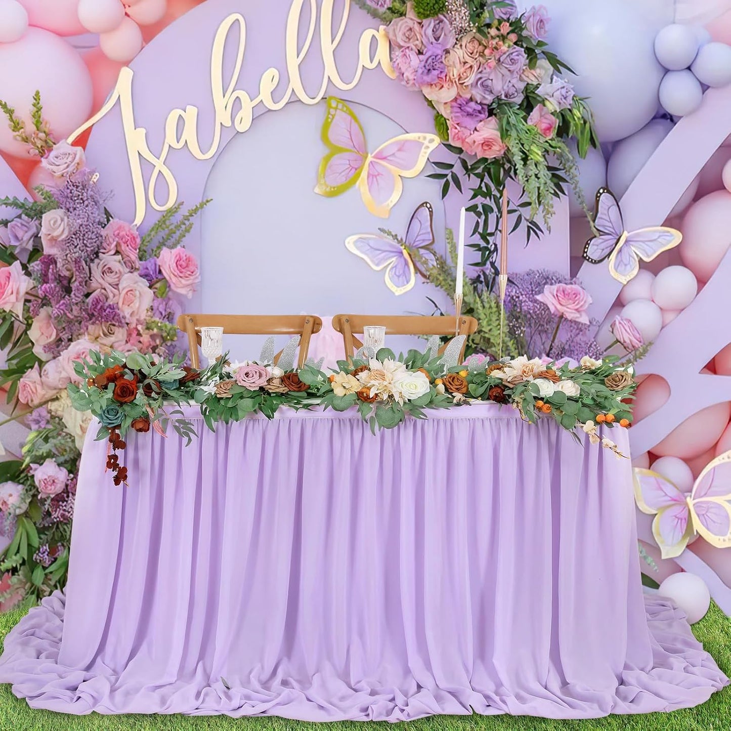 QueenDream 14ft Lavender Chiffon Table Skirt Purple Sheer Tablecloth for Rectangle Tables for Baby Shower Birthday Party Decorations