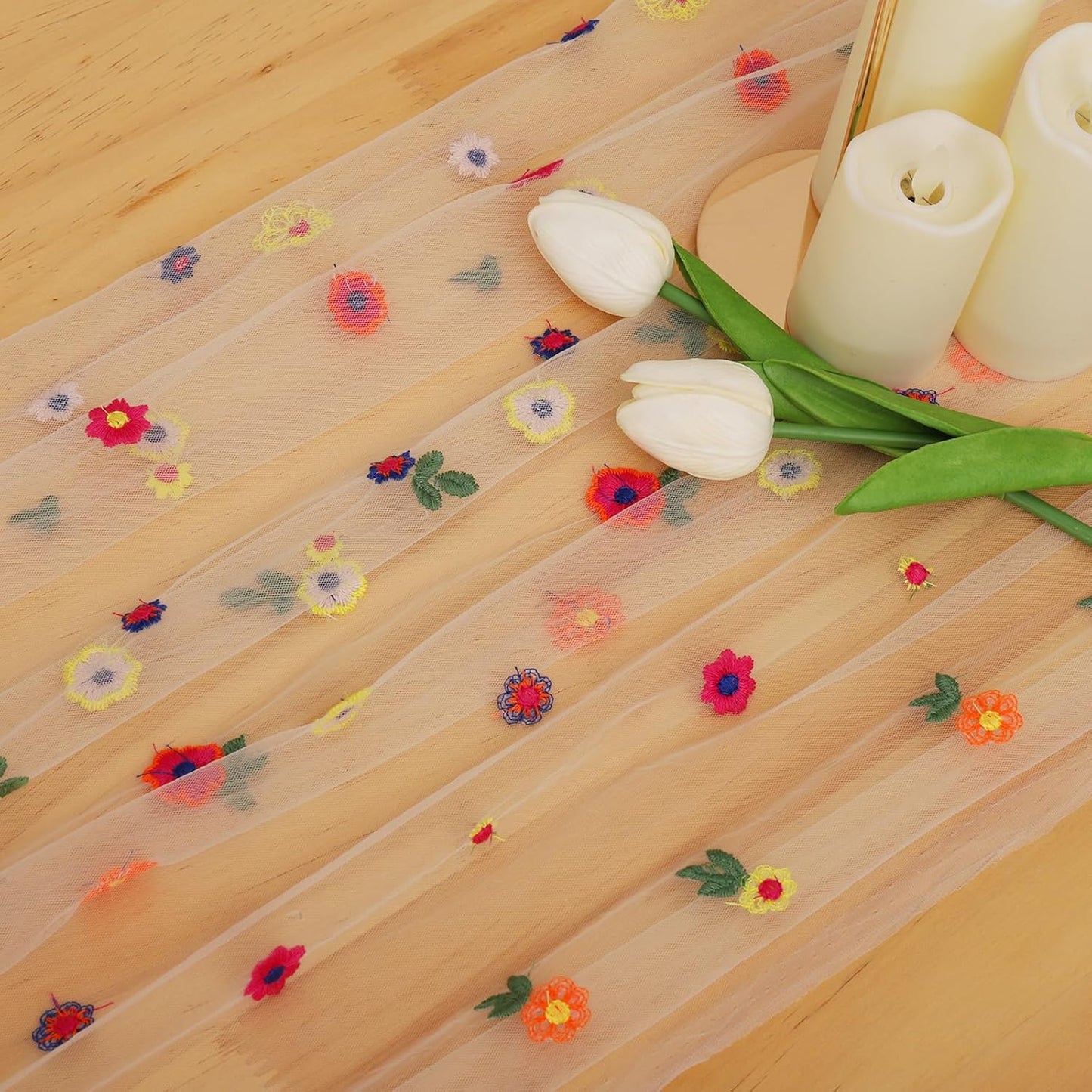 BINBE 3pcs Champagne Daisy Fall Table Runner Embroidery Gauze 10FT Florals Seasonal Tulle Holiday Birthday Kitchen Dining Table Decor for Home Party