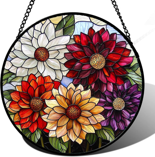 Stained Glass Window Hanging, Colorful Flowers Sun Catcher for Window Door Home Decor Plant Suncatcher Christmas Mother's Day Birthday Gifts for Women Men Mom and Nana 6.3 in