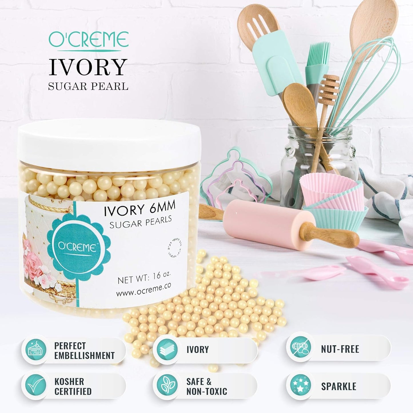 O'Creme Ivory Edible Sugar Pearls Cake Decorating Supplies for Bakers: Cookie, Cupcake & Icing Toppings, Beads Sprinkles For Baking, Certified, Candy Sugar Ball Accents (8mm, 11 Lbs)