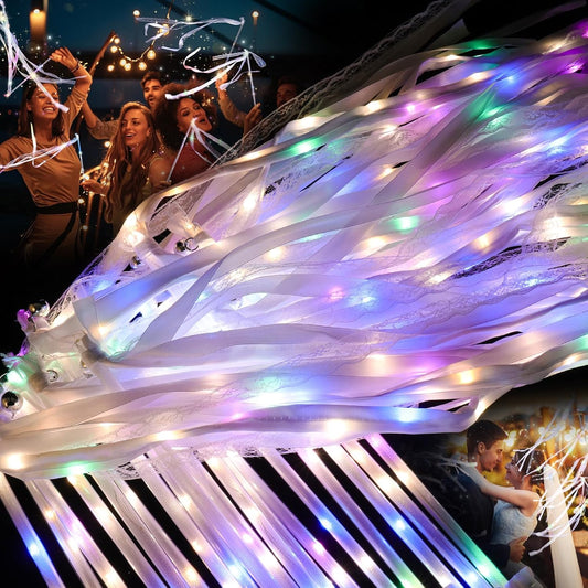 30 Pieces Light up Wedding Wands with Ribbons & Bells –LED Silk Wedd Fairy Wands Streamers with Warm White & Colorful Lights for Wedding Send Off Ideas, Parties, and Celebrations