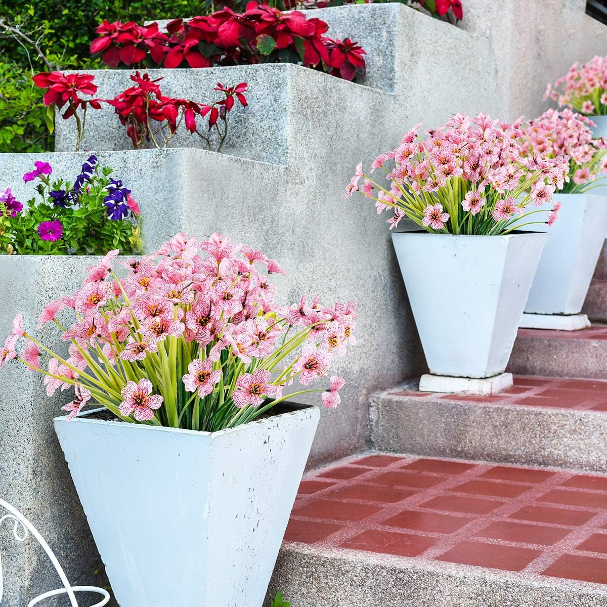 12 Bundles Artificial Flowers Outdoor UV Resistant Fake Flowers No Fade Faux Plastic Plants Garden Porch Window Box Decorating (Pink)