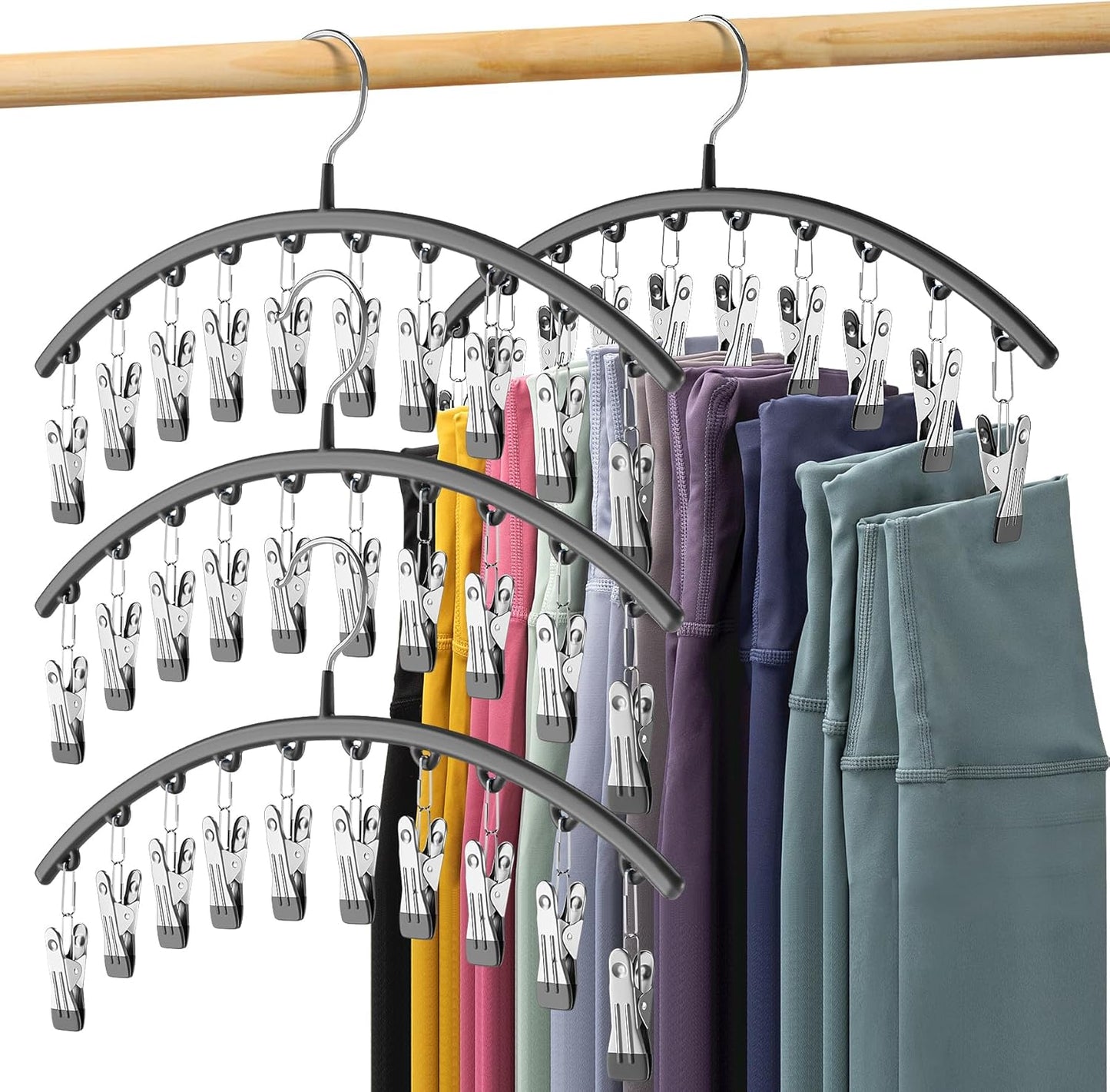 Legging Organizer for Closet, Metal Yoga Pants Hangers 4 Pack w/10 Clips Holds 40 Leggings, Space Saving Hanging Closet Organizer w/Rubber Coated Closet Organizers and Storage, Black