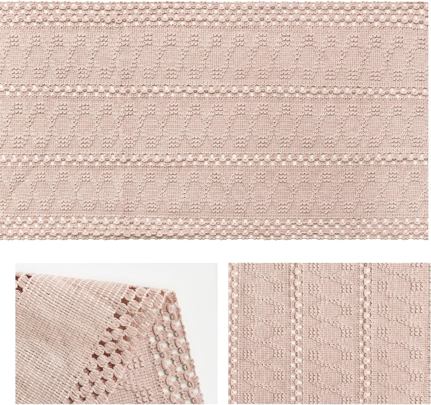 Artoid Mode Pink Farmhouse Woven Rustic Hollow Table Runner, Seasonal Holiday Hollow Kitchen Dining Table Decoration for Home Party Decor 12x48 Inch