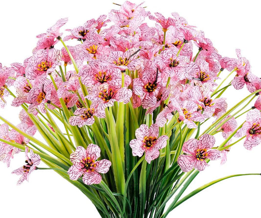 12 Bundles Artificial Flowers Outdoor UV Resistant Fake Flowers No Fade Faux Plastic Plants Garden Porch Window Box Decorating (Pink)