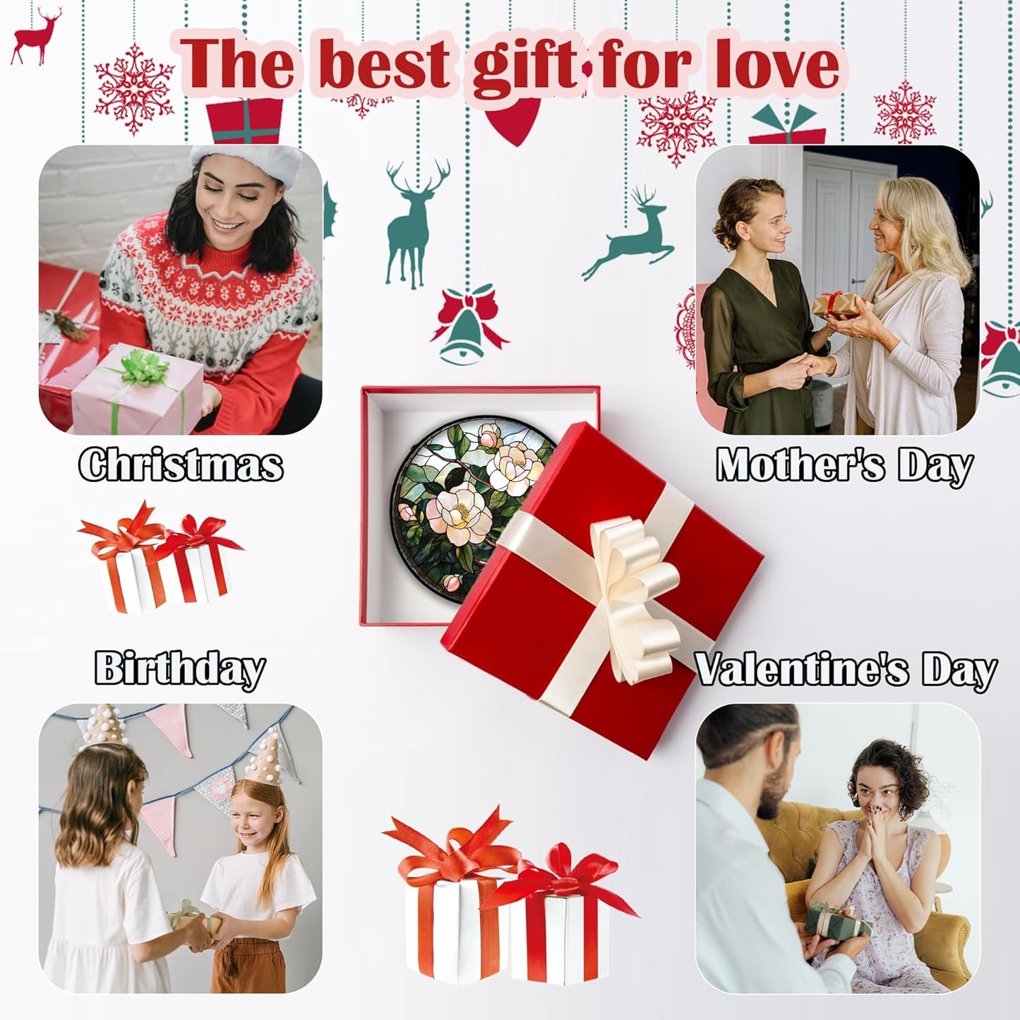 Stained Glass Suncatcher, Light Pink Flowers Green Leaf Sun Catcher Plant Stain Glass Window Hanging Decoration Mother's Day Birthday Gifts for Women Men Mom Nana 7.8 in