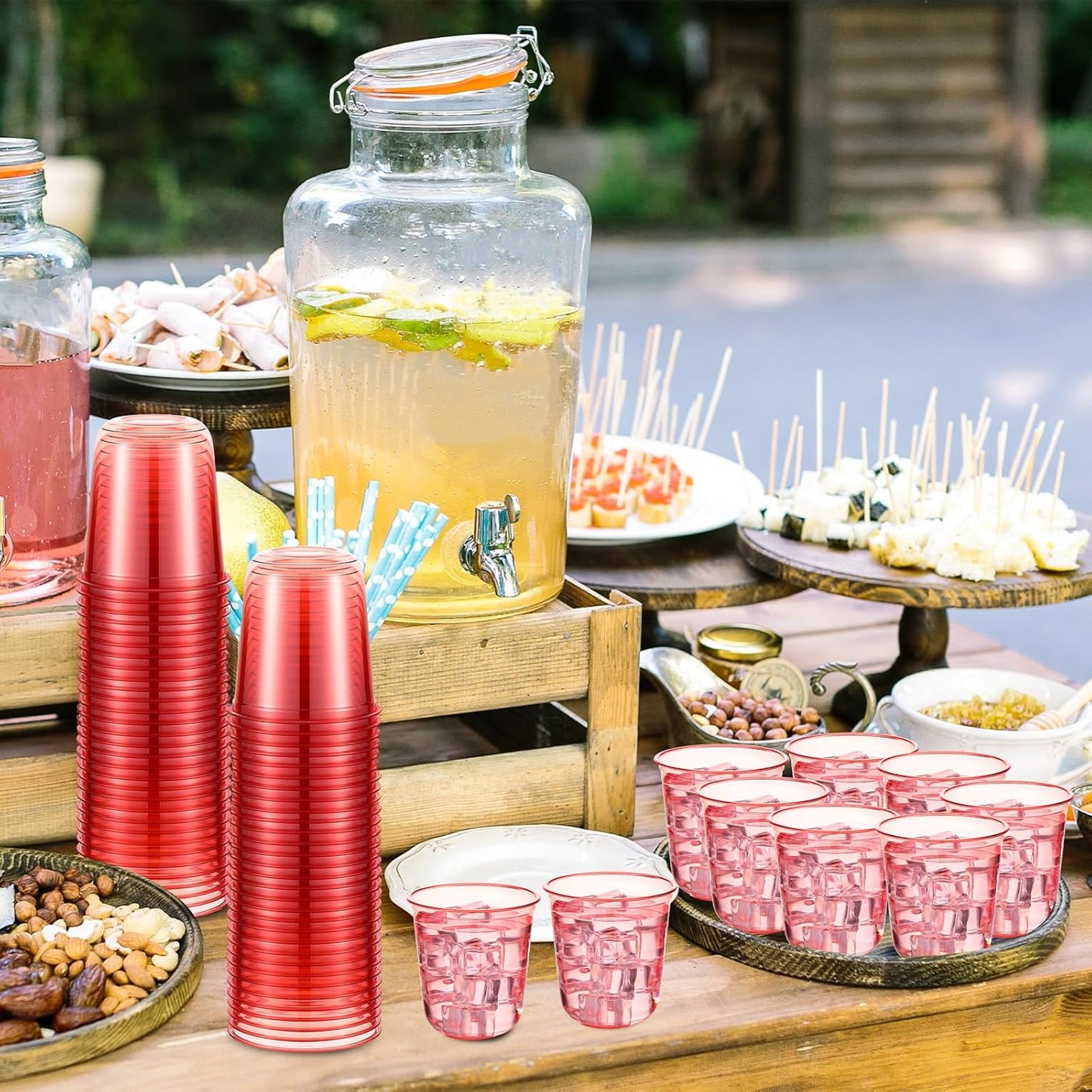 50pcs Disposable Stemless Glasses 12oz Crystal Plastic Wine Glasses Clear Classic Pet Cup for Meeting Weddings Birthdays Cocktail Christmas Party Supplies (Red)