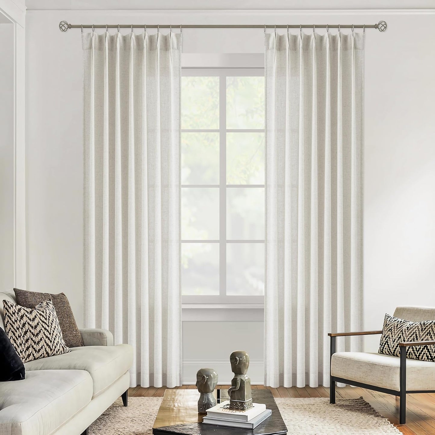 Vision Home Natural Pinch Pleated Semi Sheer Curtains Textured Linen Blended Light Filtering Window Curtains 108 inch for Living Room Bedroom Pinch Pleat Drapes with Hooks 2 Panels 9ft 42" Wx108 L