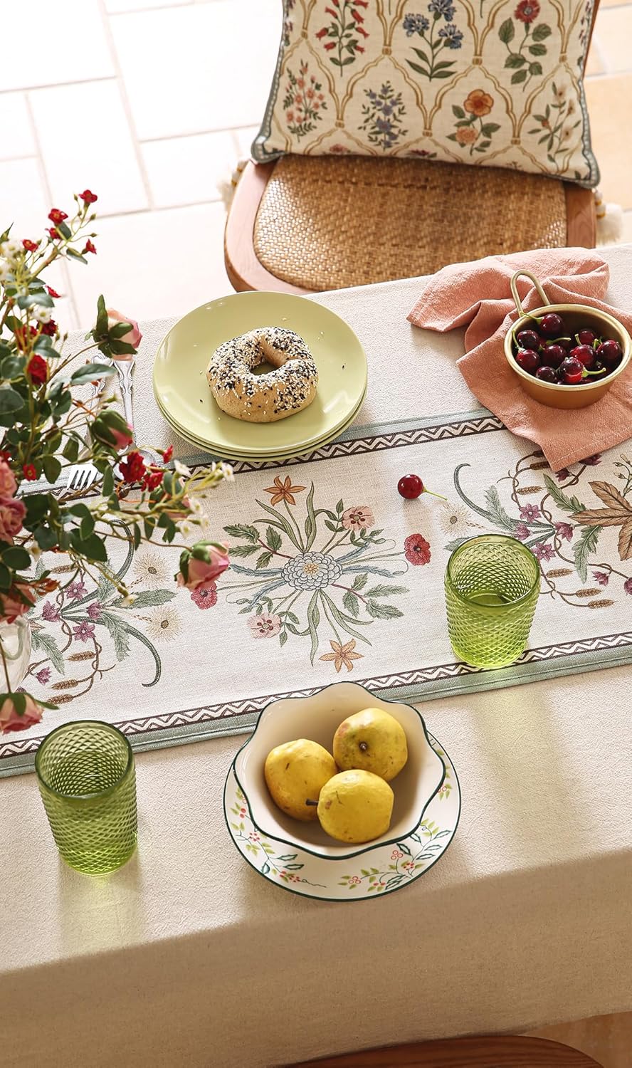 ISAENNE Designer French Country Linen Table Runner 87 Inches Long,Elegant Colorful Floral Pattern Table Runners for Dining Tables,Thanksgiving,Christmas,Kitchen Decor,12"*87"-Serenity F
