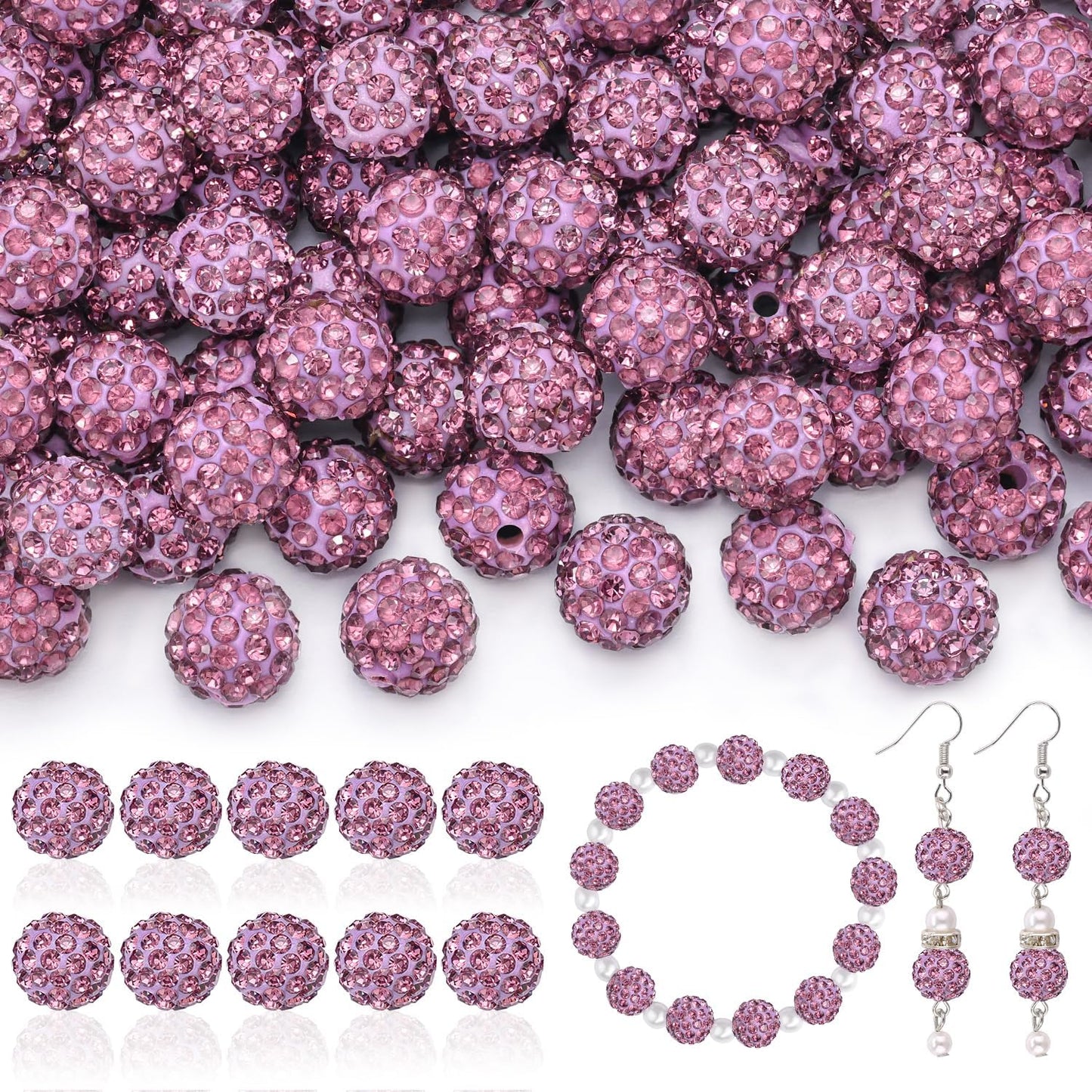 200pcs 10mm Rhinestone Beads for Jewelry Making, Light Purple Shiny Round Disco Beads Bulk, Sparkle Crystal Clay Christmas for Bracelet Baseball Necklace Earring Crafting and DIY